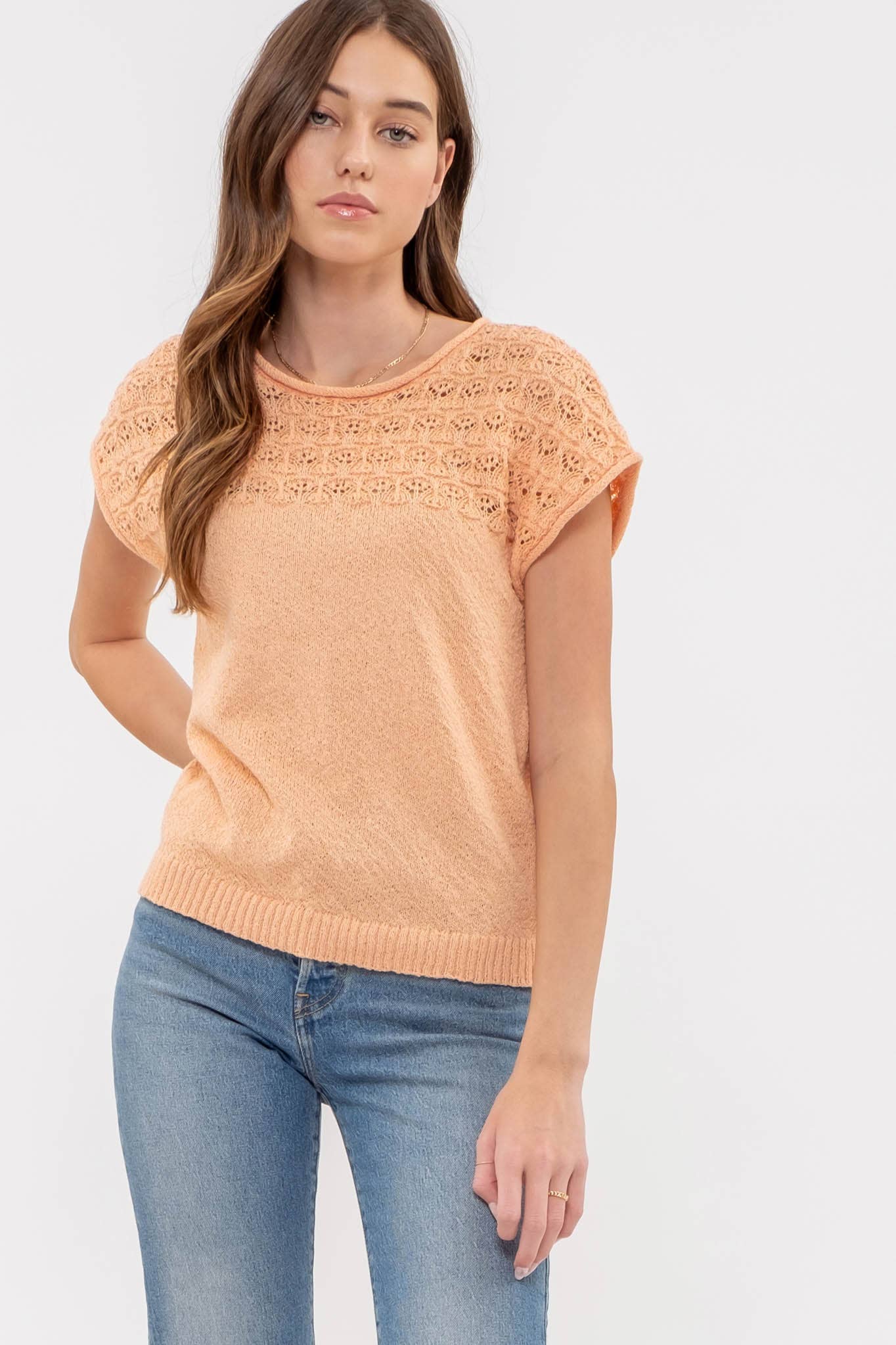 EYELET YOKE SWEATER KNIT TOP