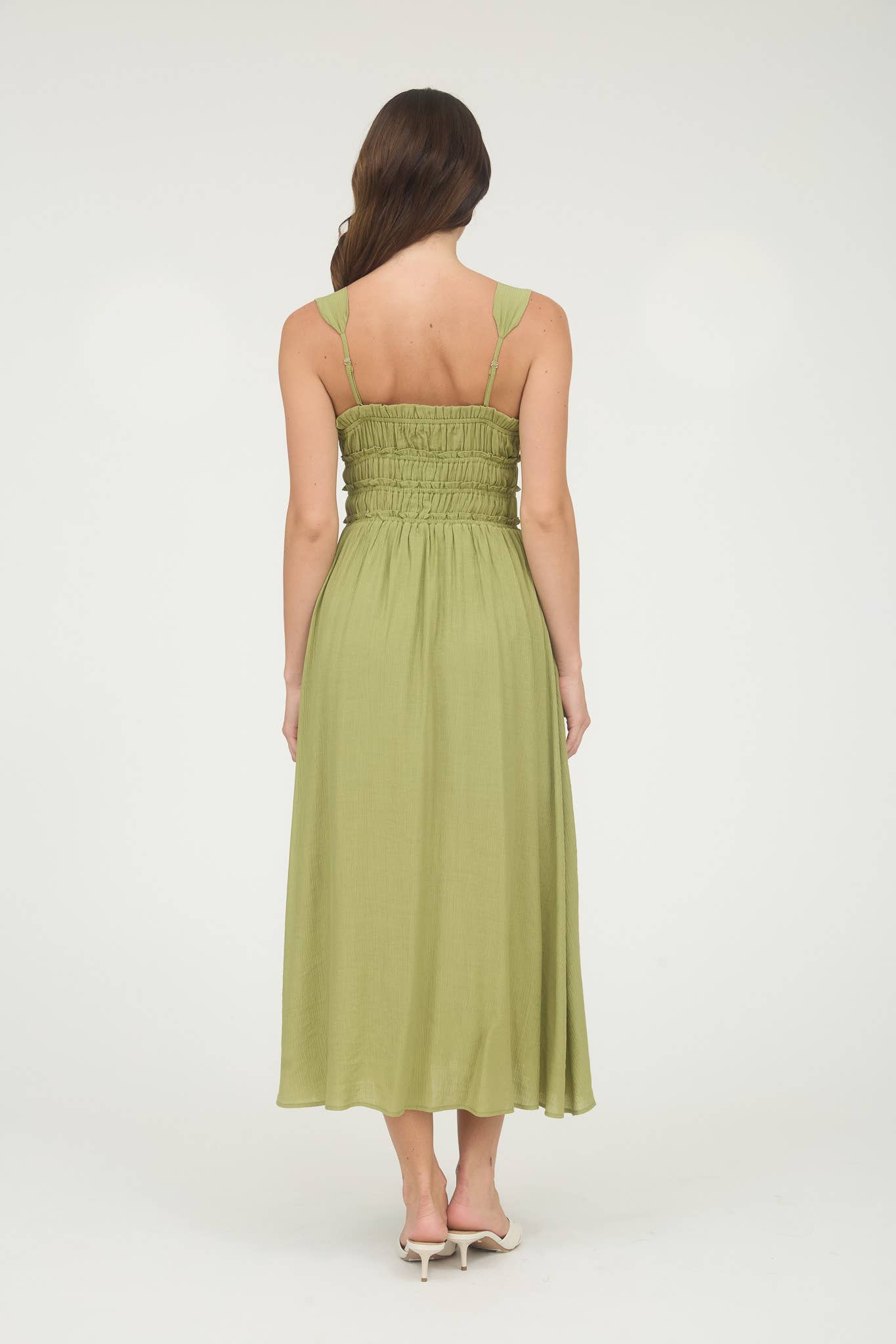 SHIRRED FRONT TIE DETAIL SLEEVELESS MIDI DRESS