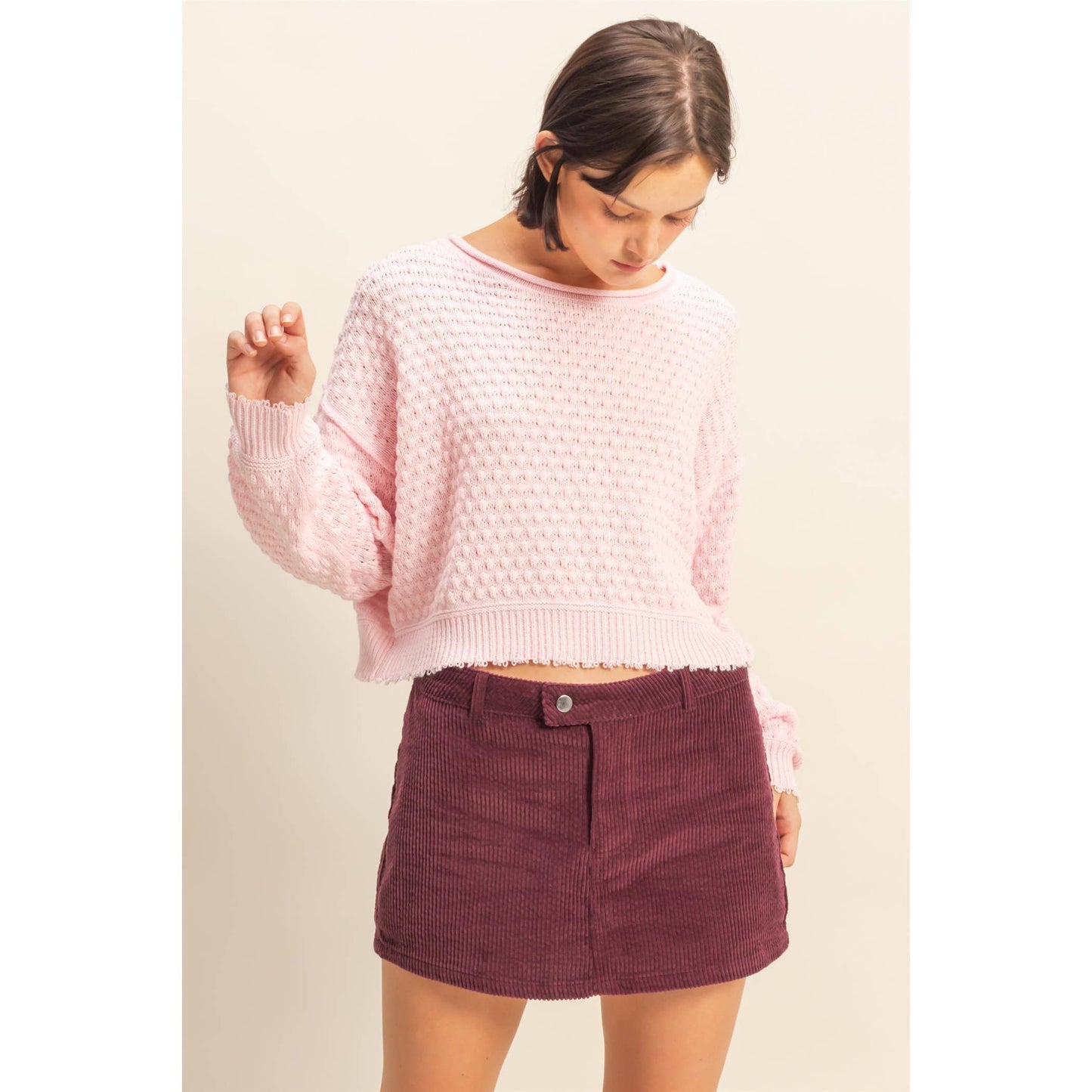 Textured Round Neck Long Sleeve Sweater