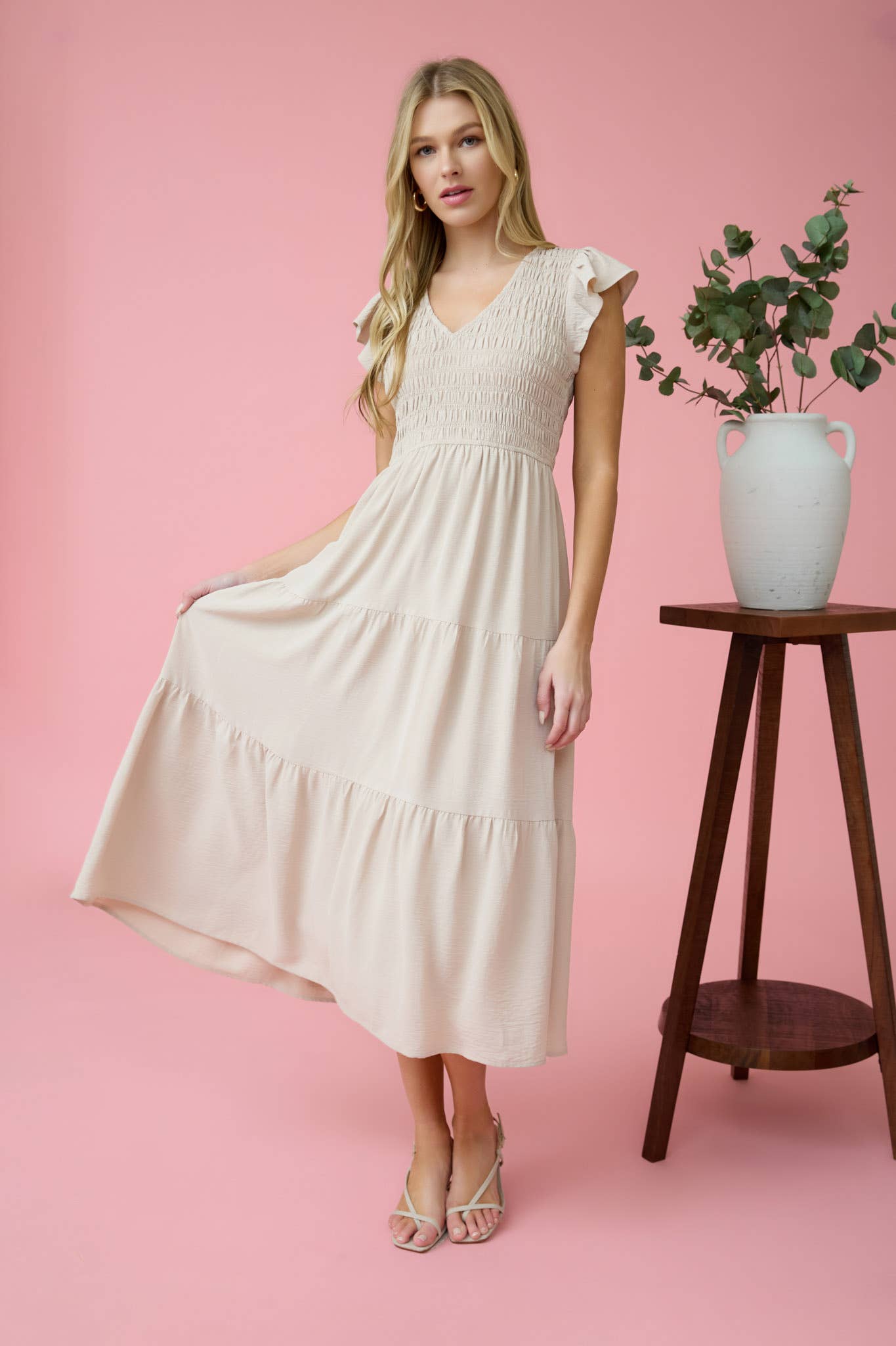 FLUTTER SLEEVE MAXI DRESS: KHAKI