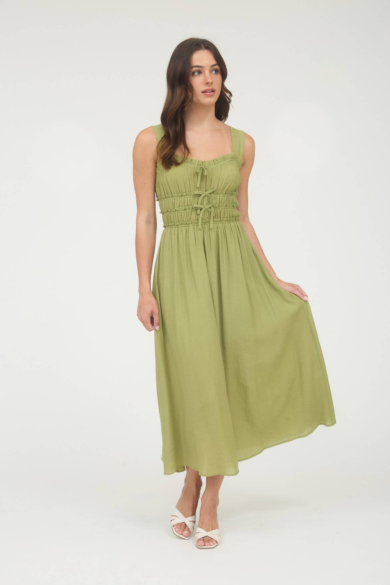 SHIRRED FRONT TIE DETAIL SLEEVELESS MIDI DRESS