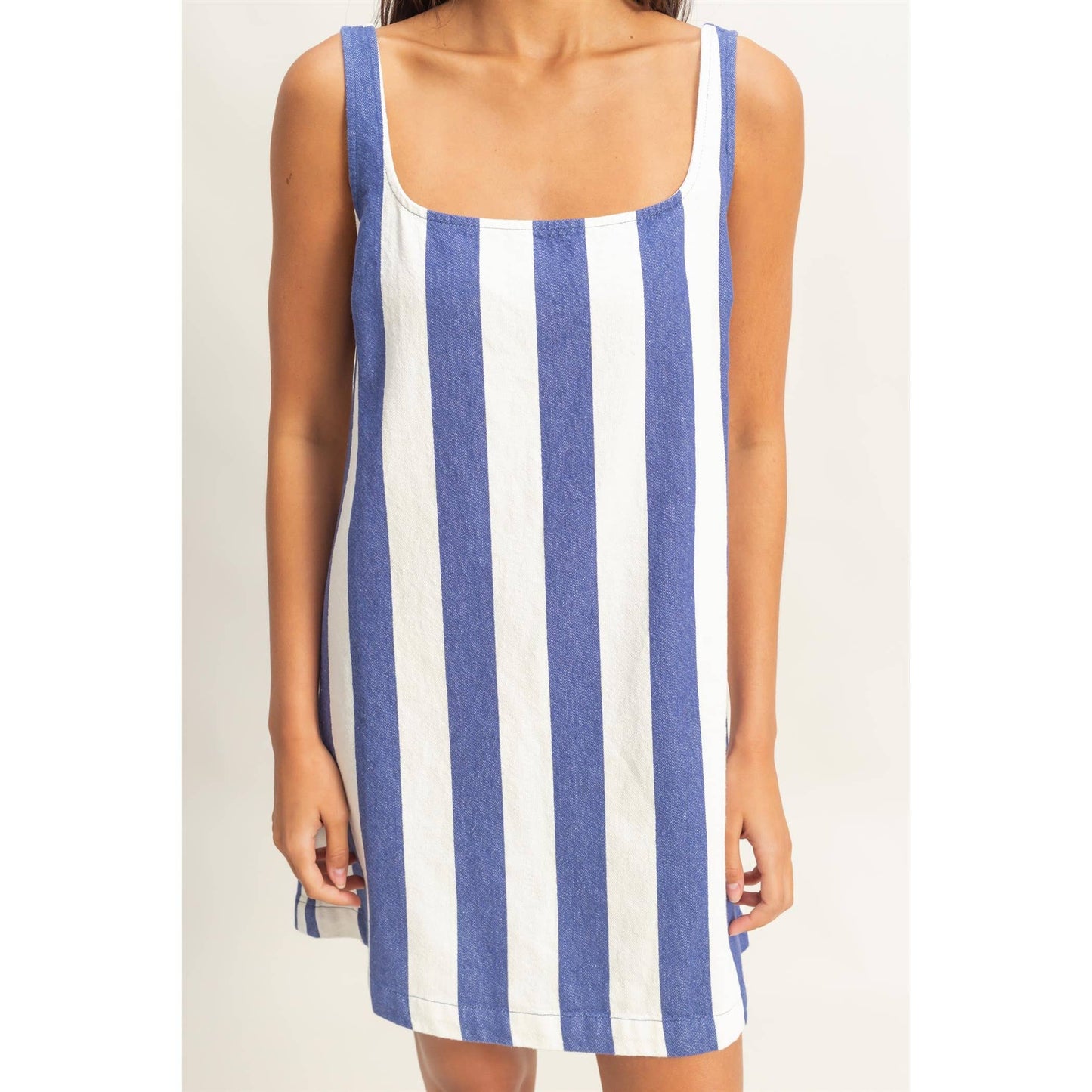 DZ25E182-Striped Square Neck Woven Mini Dress
