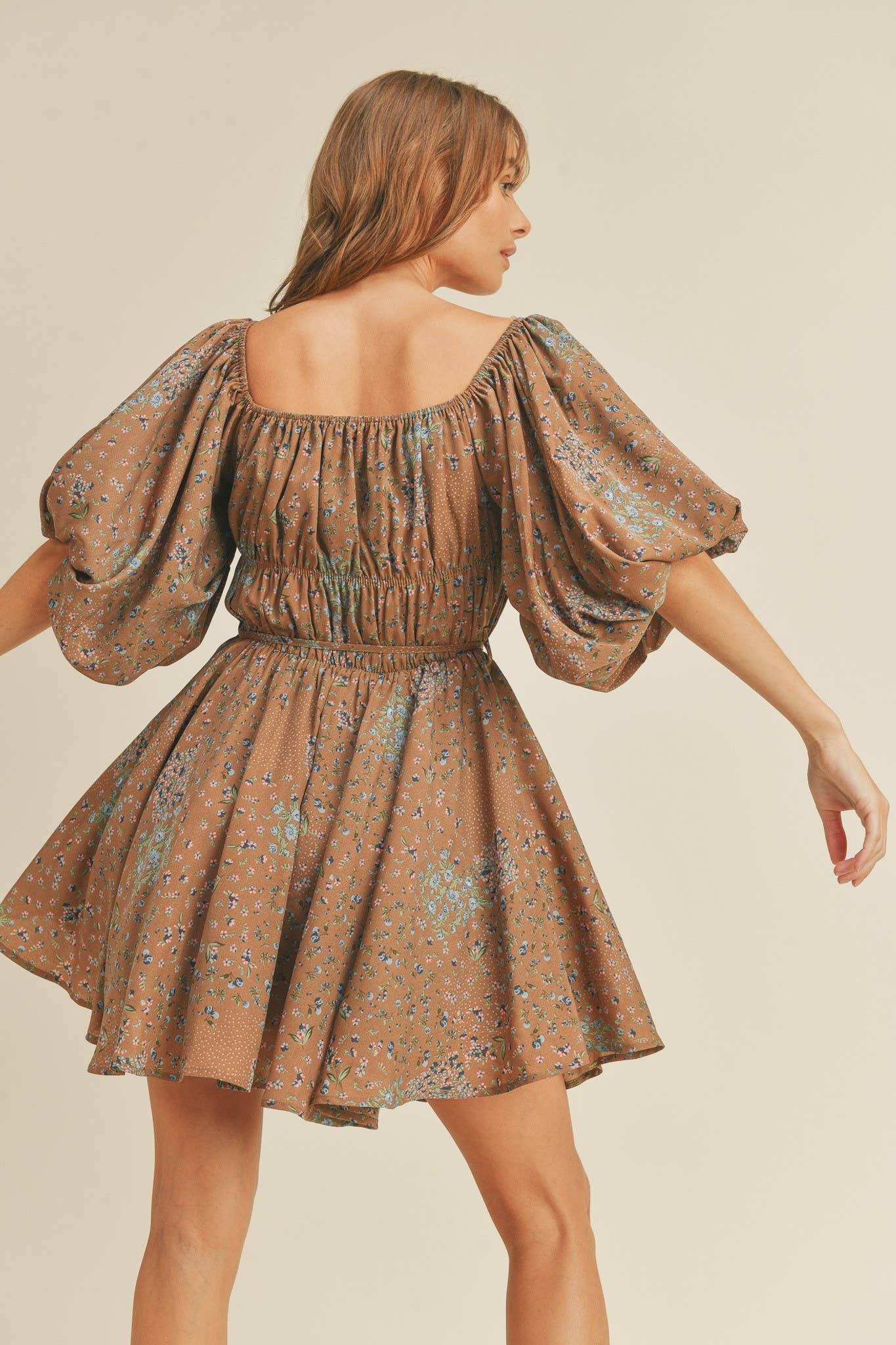 FLORAL PRINT BUBBLE SLEEVE FLARED MINI DRESS MDR1930