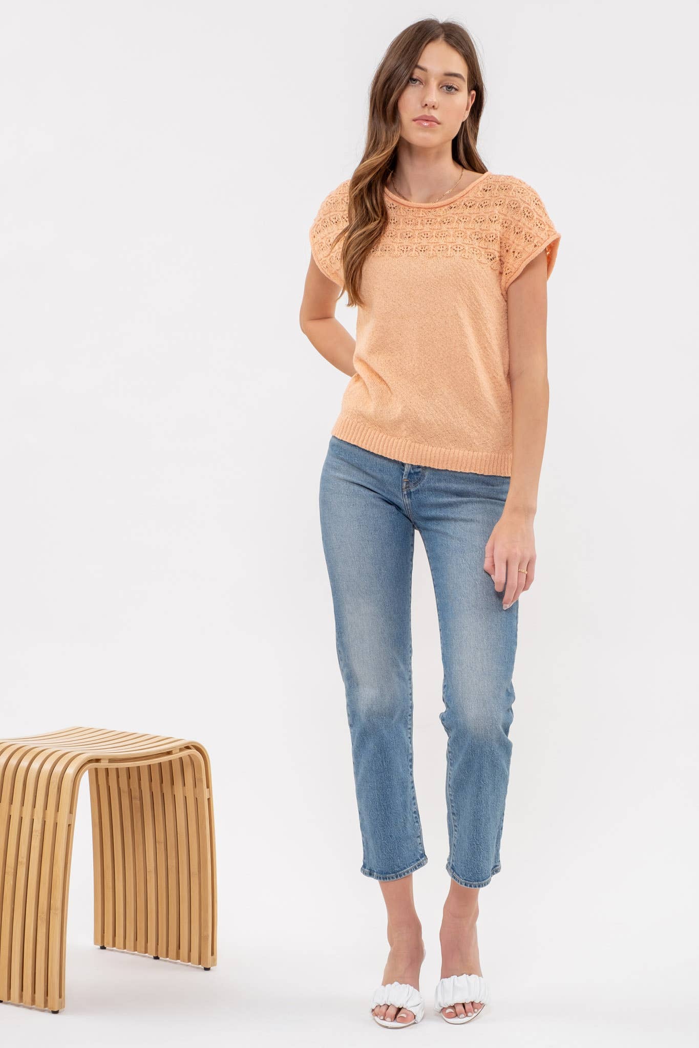 EYELET YOKE SWEATER KNIT TOP