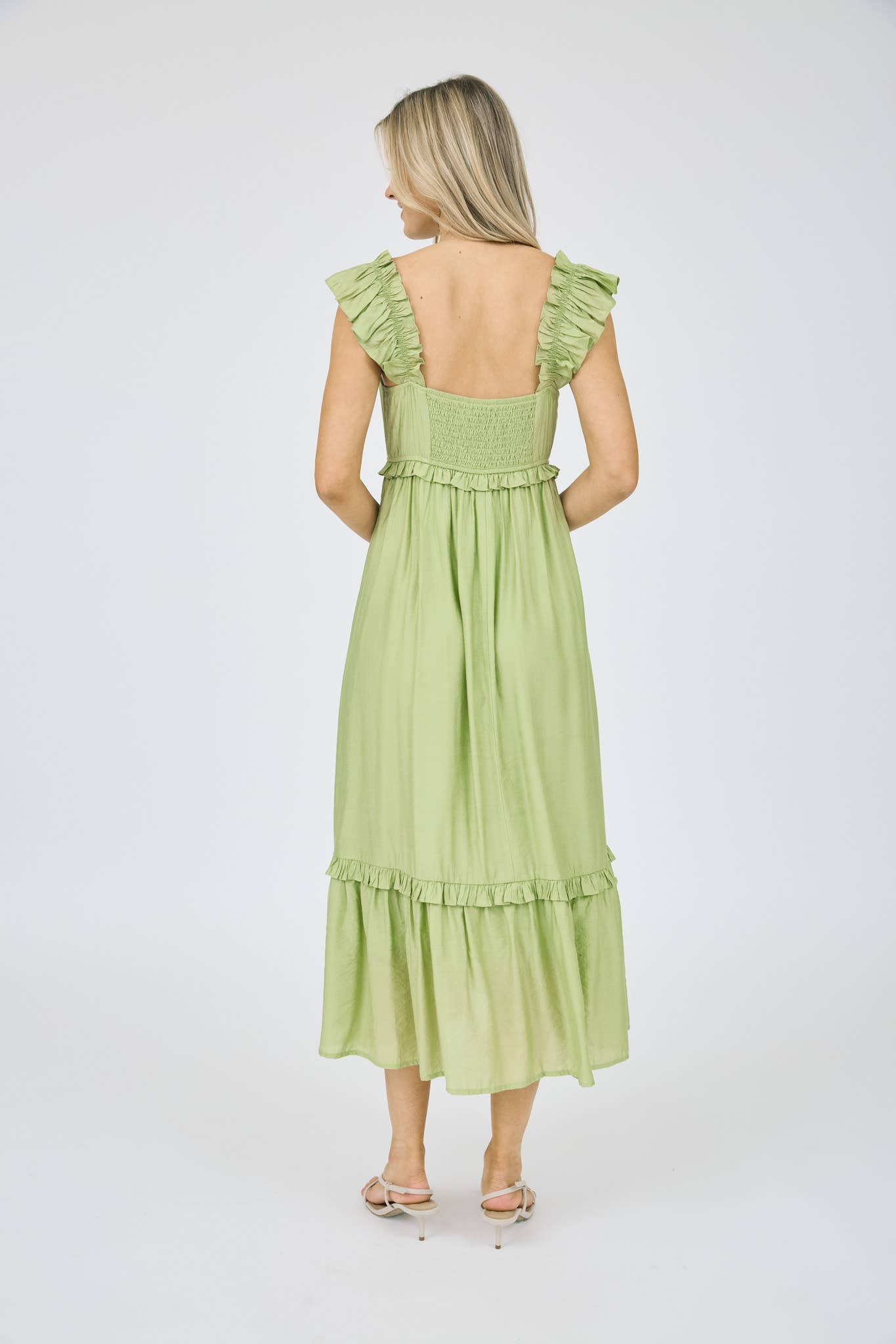 RUFFLE DETAIL EMPIRE WAIST SLEEVELESS MIDI DRESS