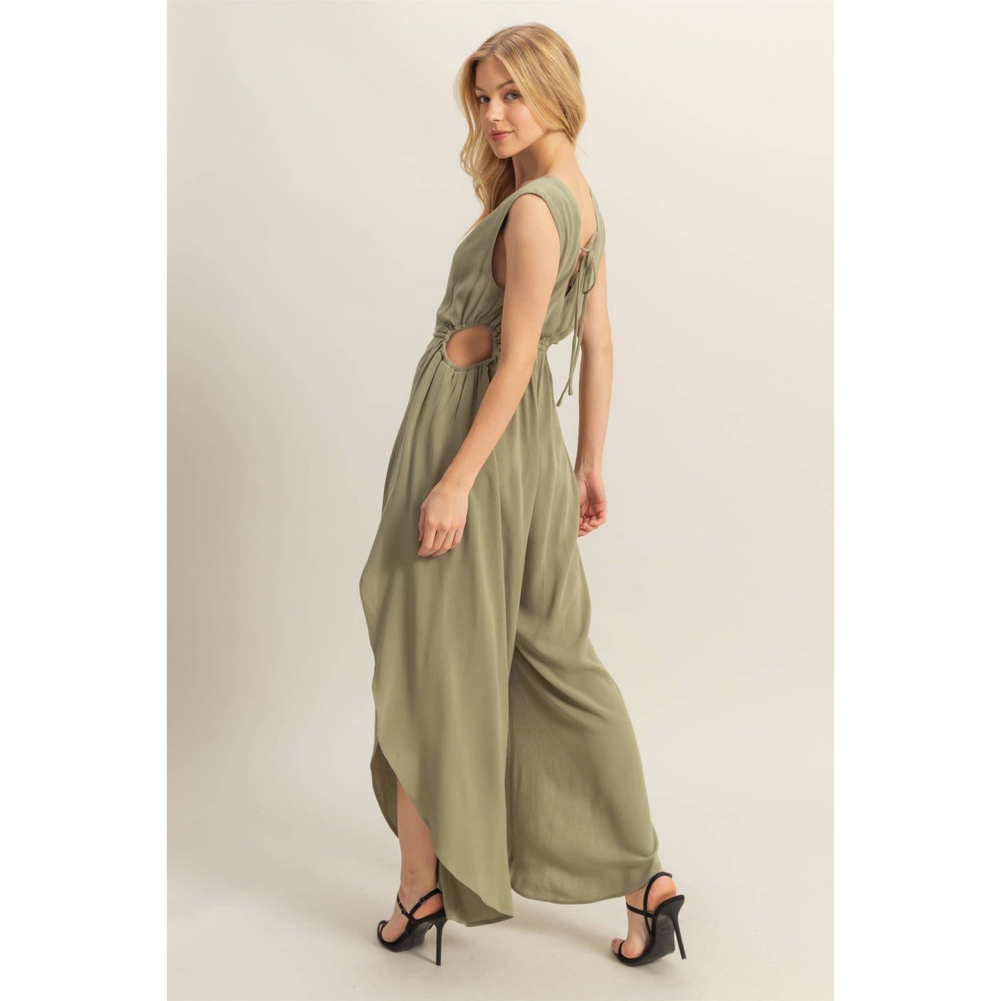 V-Neck Side Cutout Curved Hem Jumpsuit