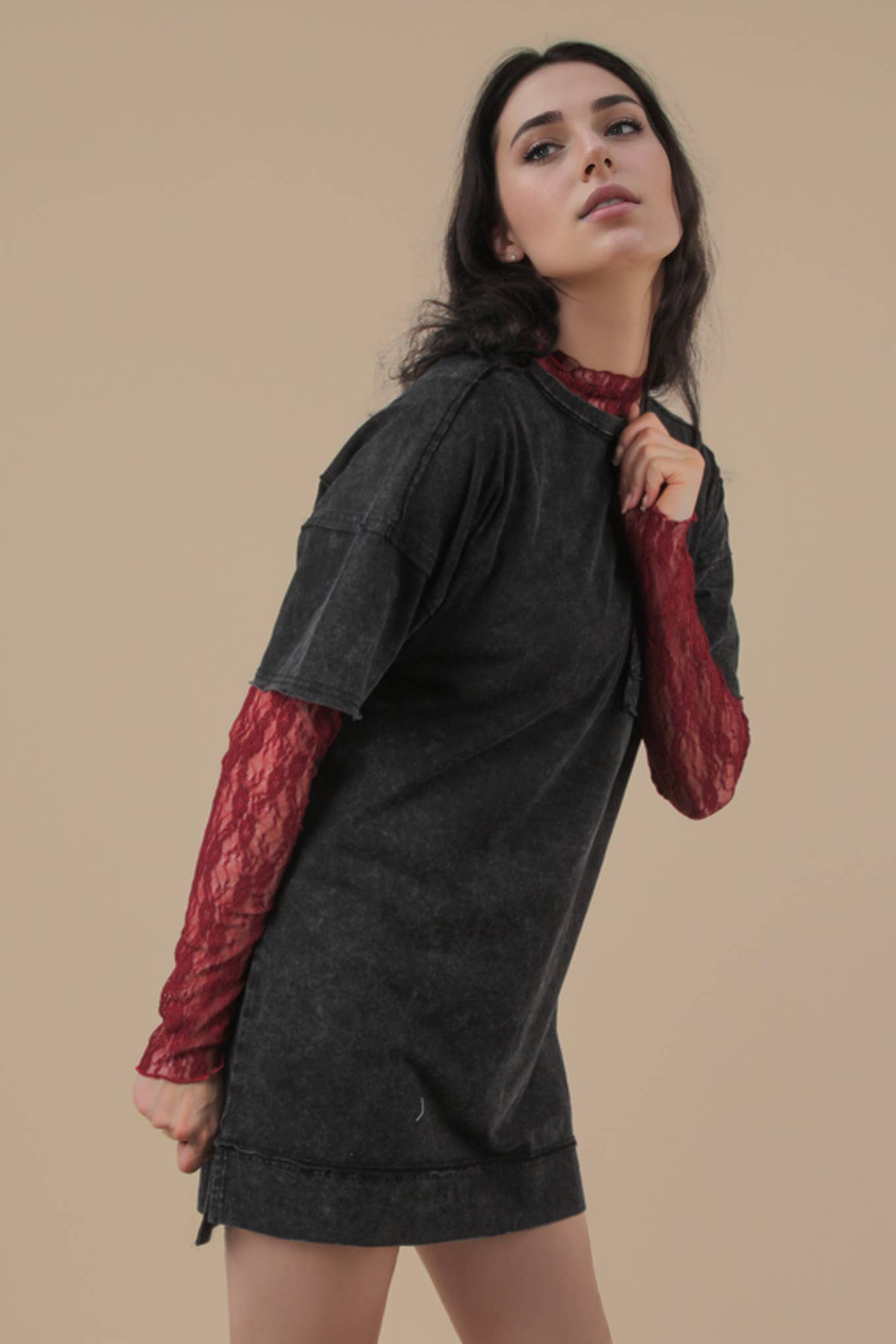 ND31634-Mineral Washed Knit Oversized Shift Mini Dress