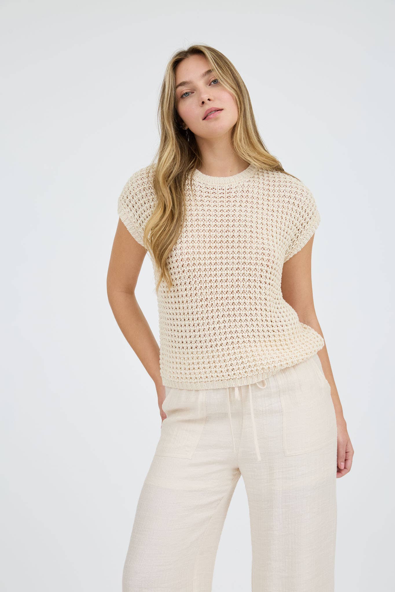 CROCHET KNIT BATWING SHORT SLEEVE SWEATER TOP