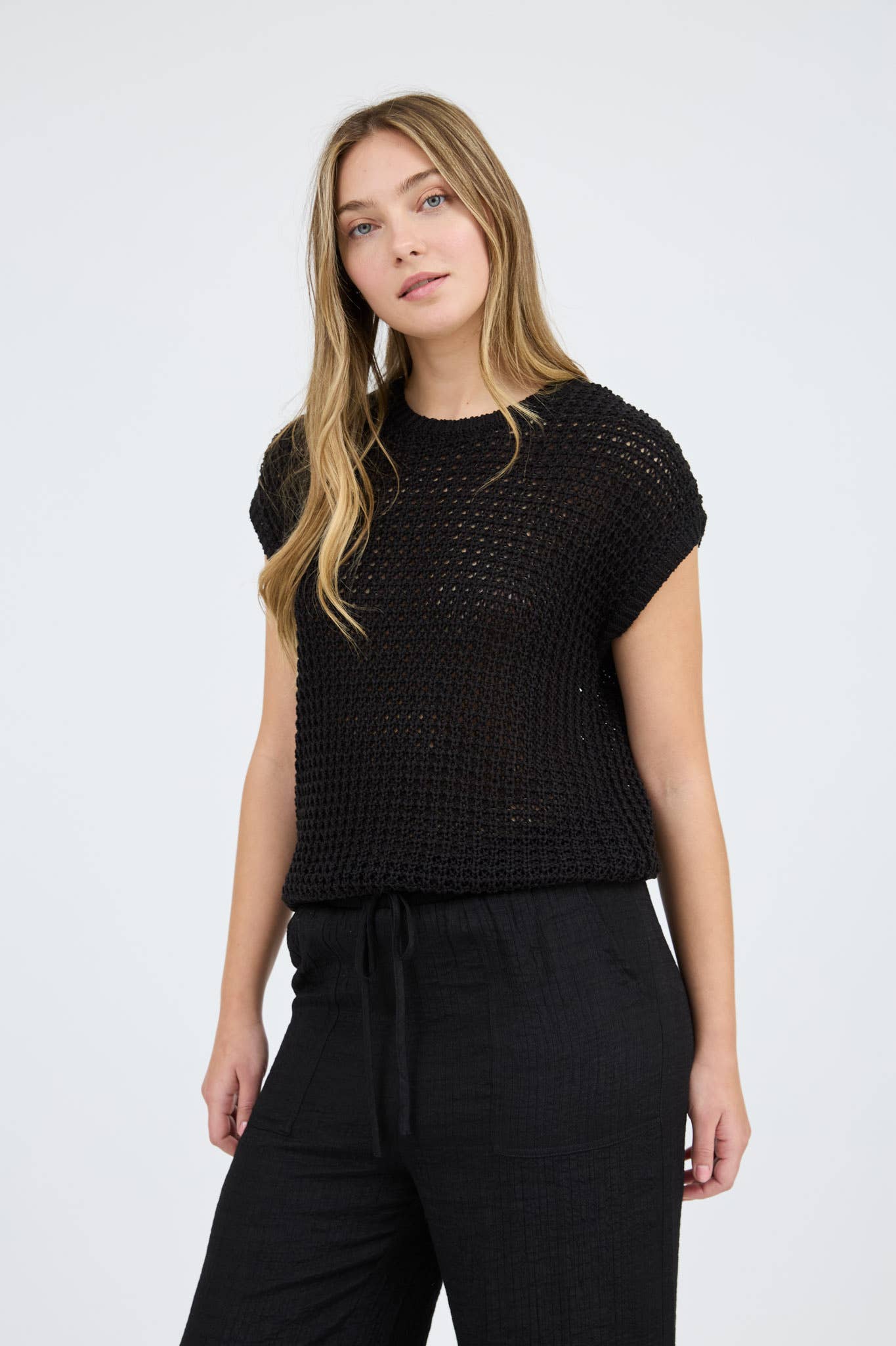 CROCHET KNIT BATWING SHORT SLEEVE SWEATER TOP