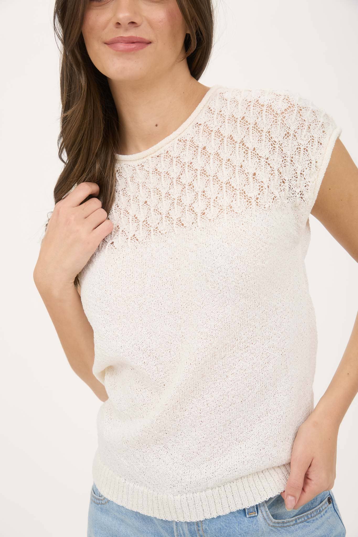 EYELET YOKE SWEATER KNIT TOP
