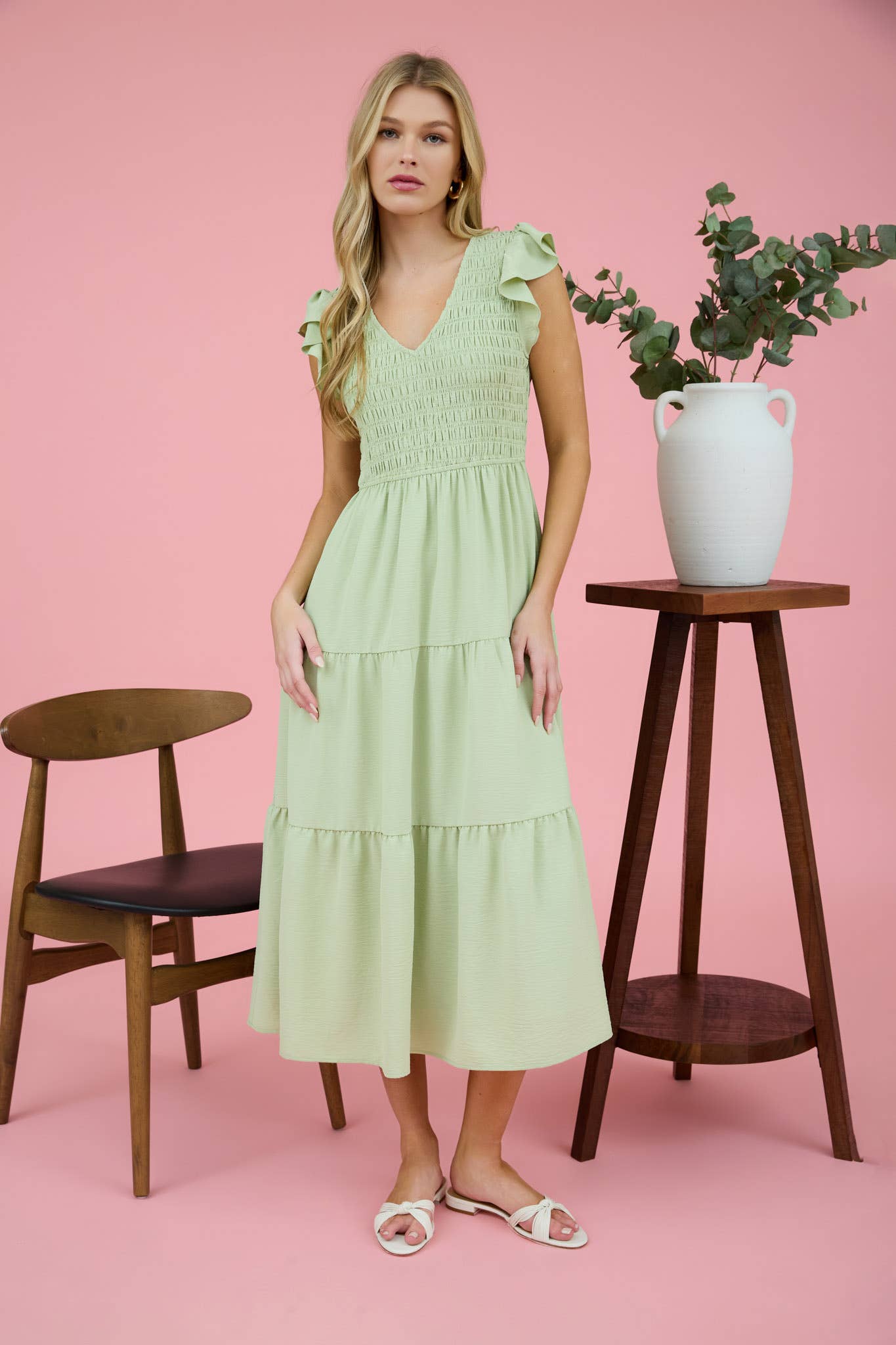 FLUTTER SLEEVE MAXI DRESS: KHAKI