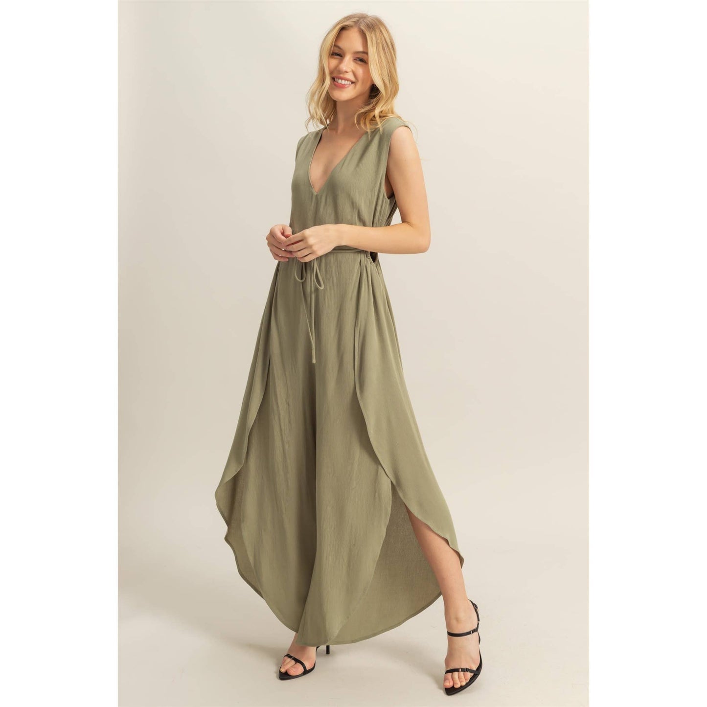 V-Neck Side Cutout Curved Hem Jumpsuit