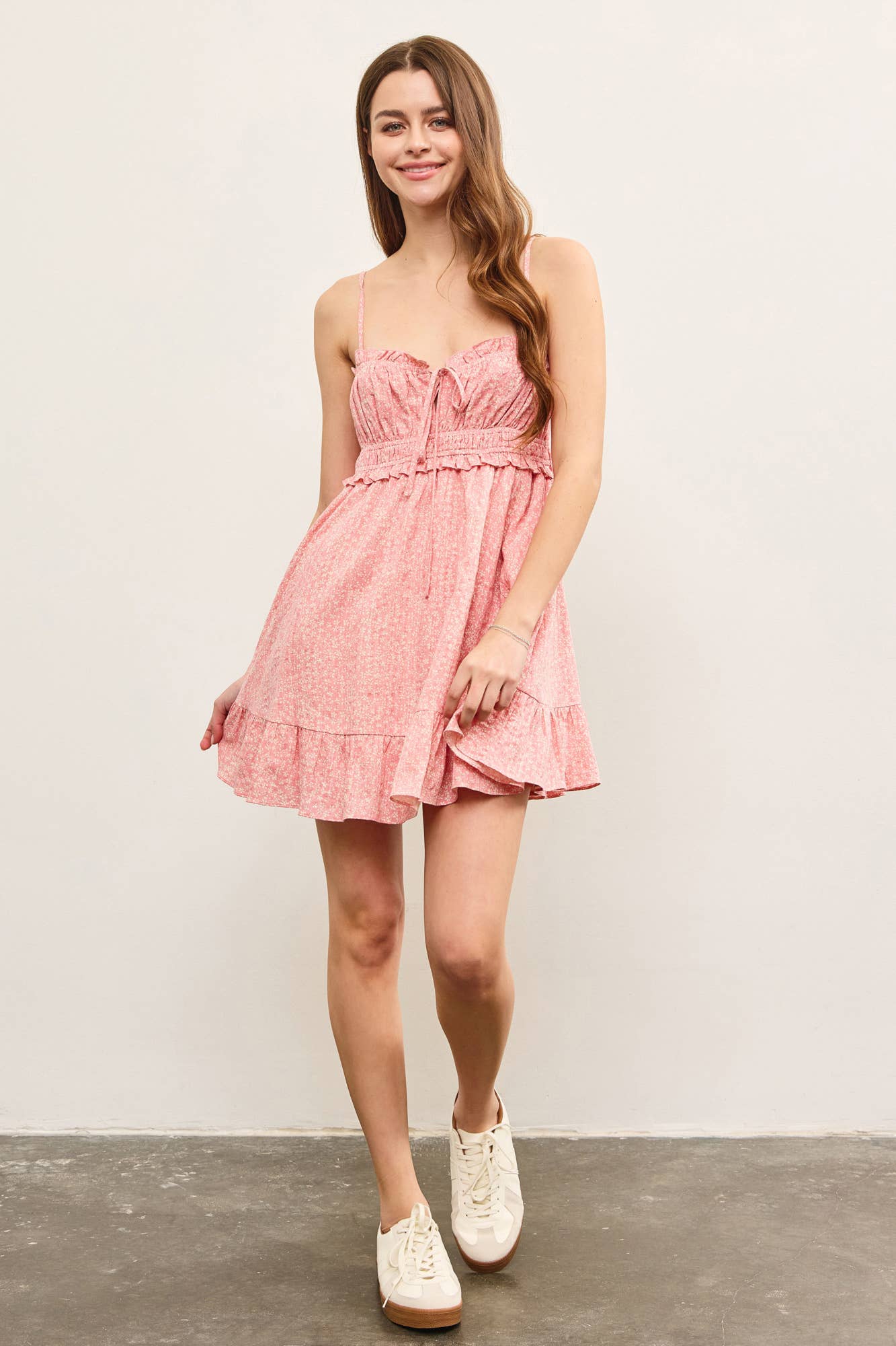 GATHERED FRONT RUFFLE HEM FLOWY CAMI DRESS