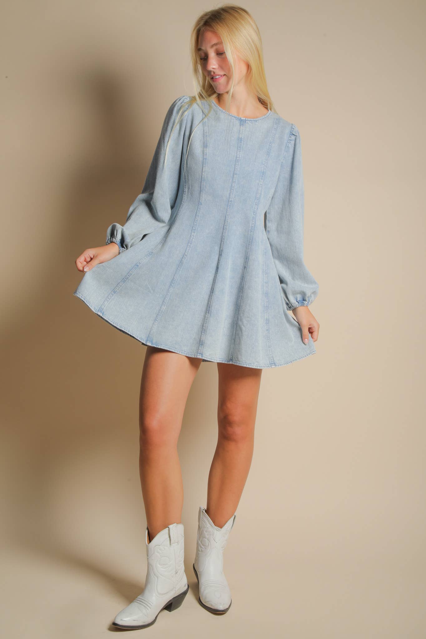 -Mineral Washed Denim Seam Detail Mini Dress