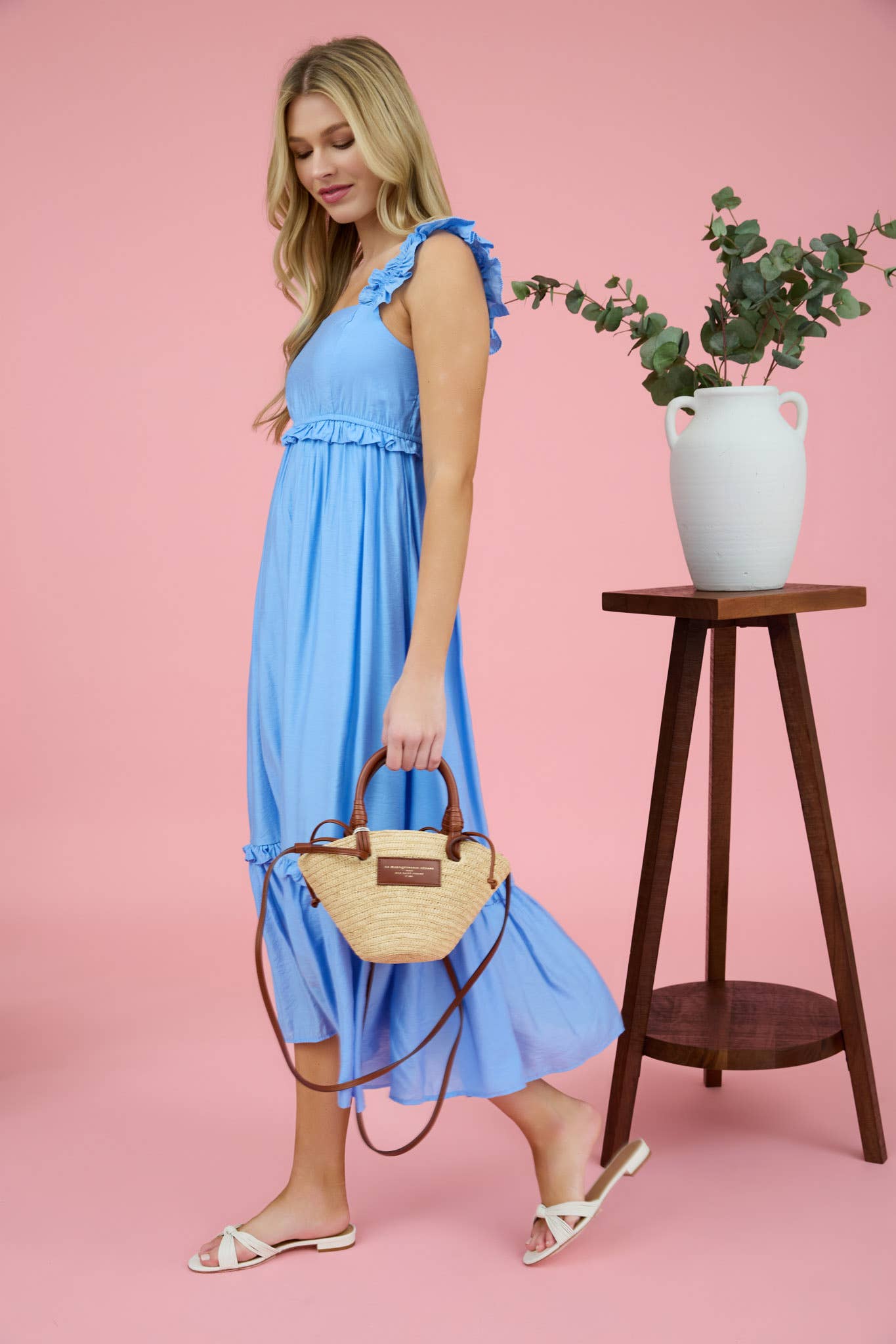RUFFLE DETAIL EMPIRE WAIST SLEEVELESS MIDI DRESS