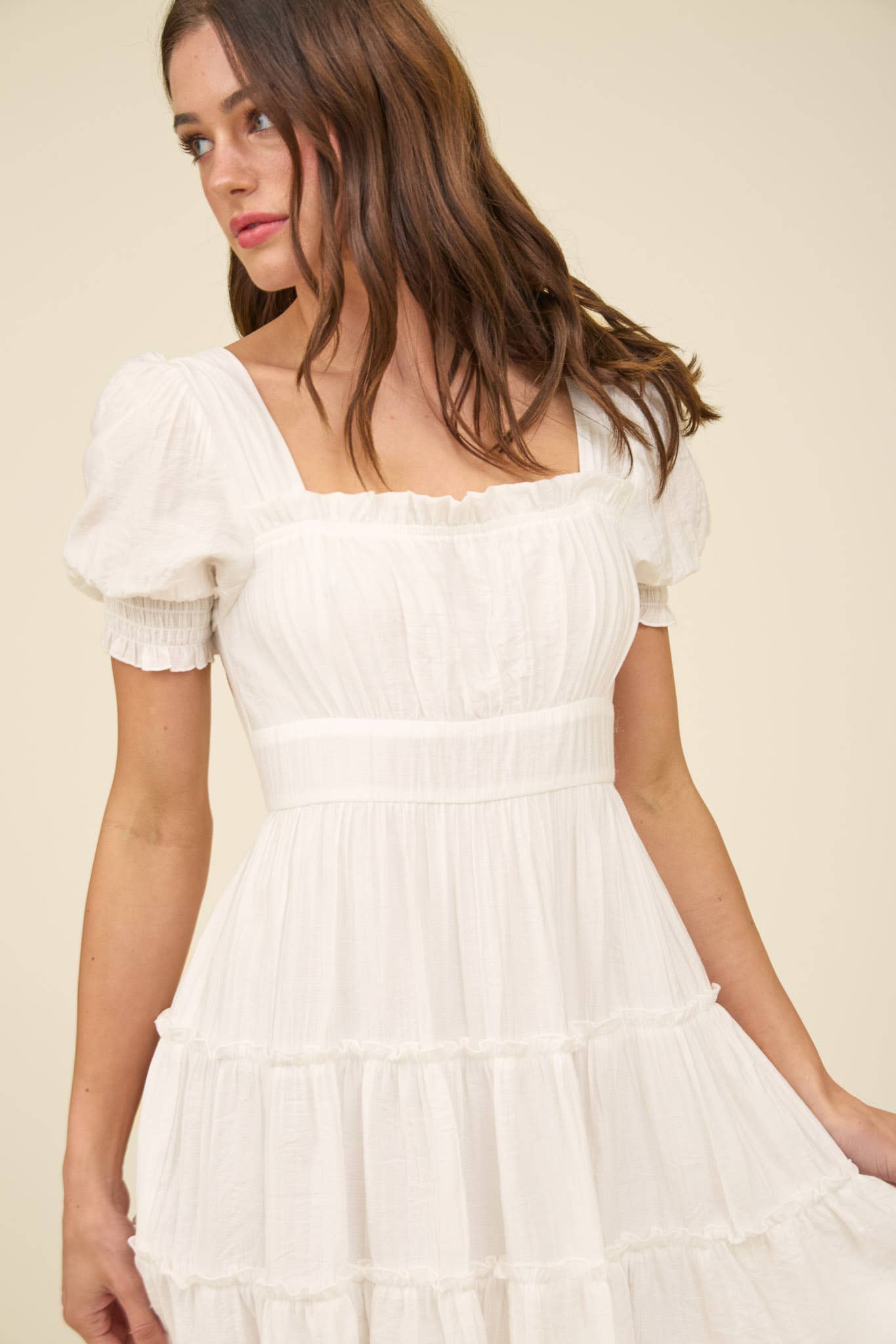 SQUARE NECK SMOCKED DETAIL TIERED MINI DRESS
