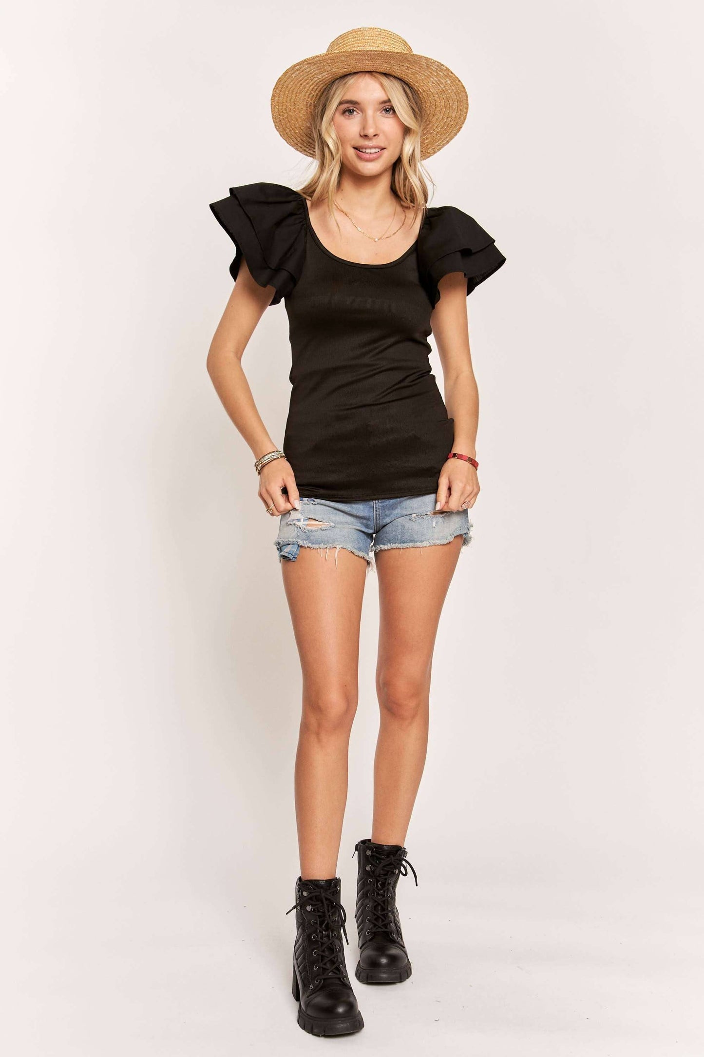 LT17048 - LAYERED RUFFLE SLEEVE RIBBED TOP