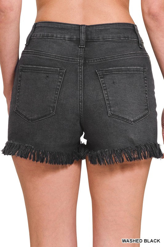 ZENANA MID RISE RAW FRAYED HEM WASHED BLACK SHORTS