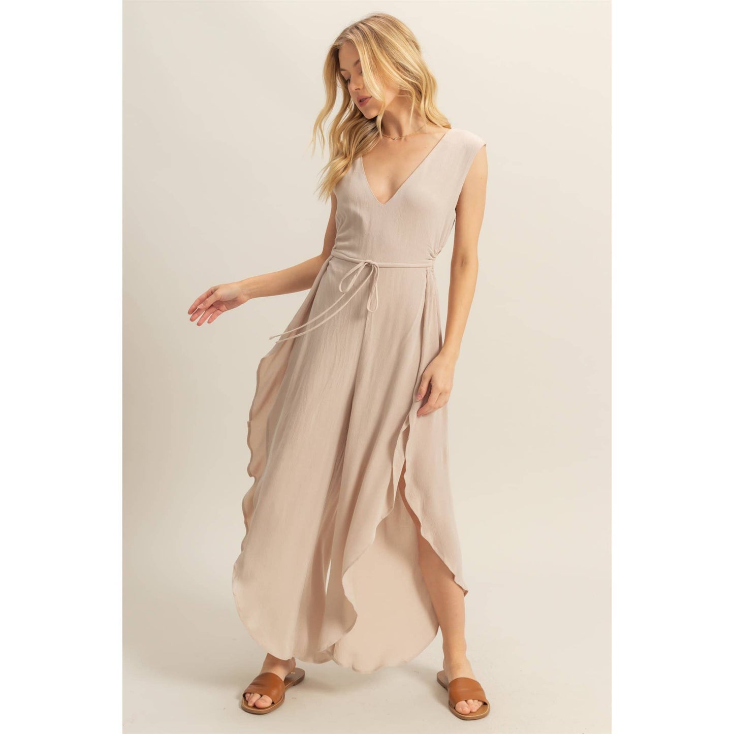 V-Neck Side Cutout Curved Hem Jumpsuit