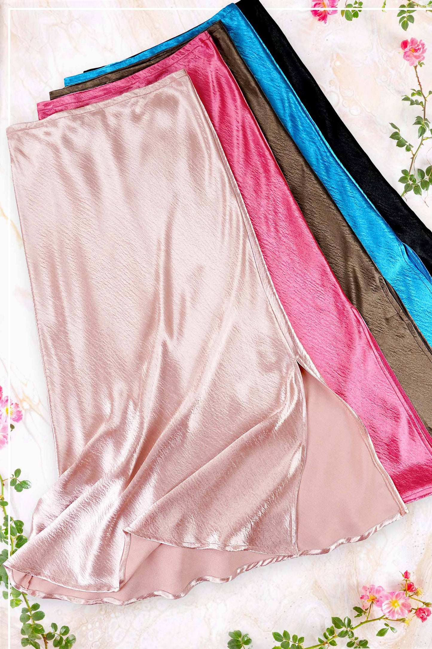 JBP4222-High-Waisted Midi Length Satin Effect Solid Skirt