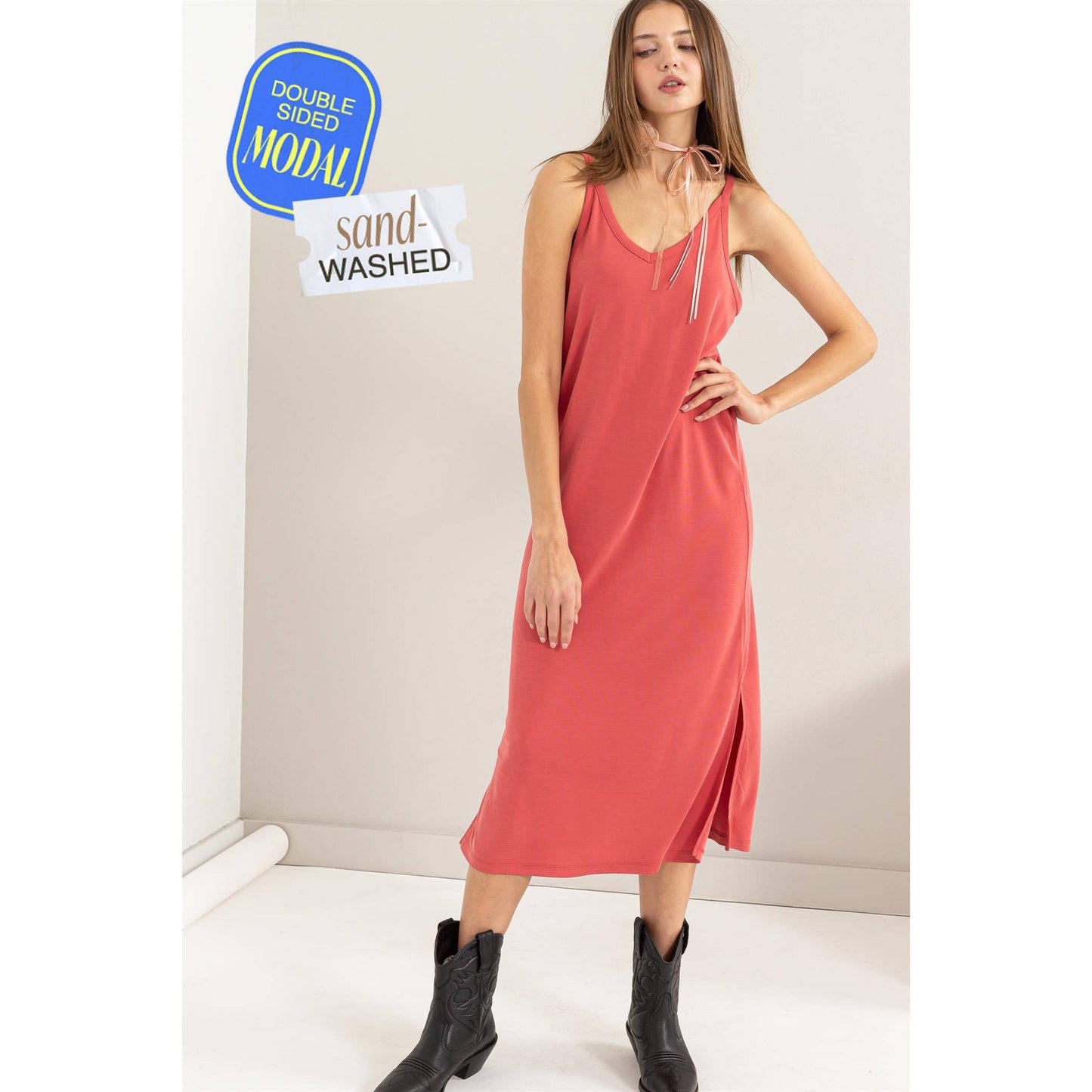 DZ24C269-Soft V-Neck Midi Dress