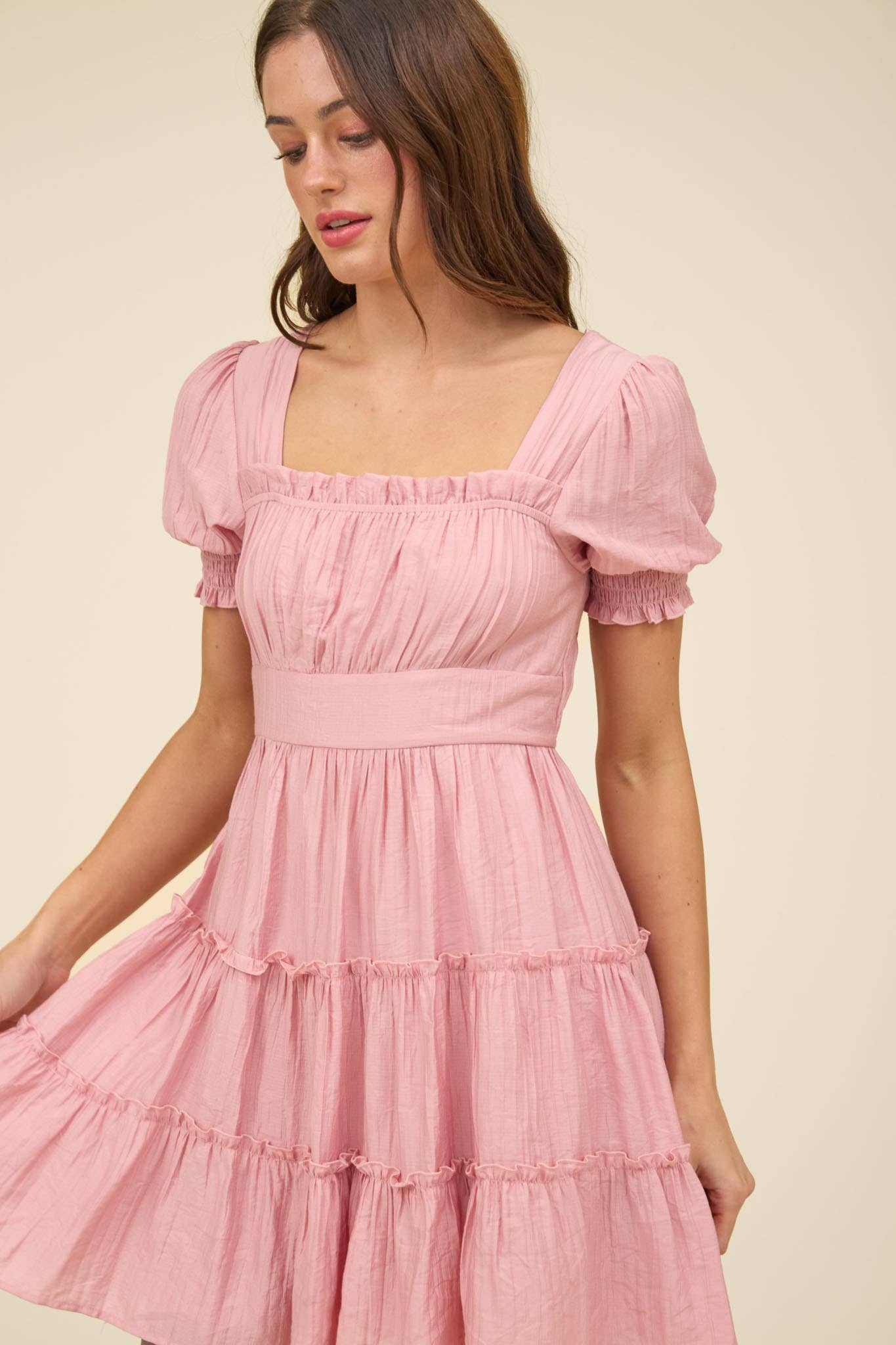 SQUARE NECK SMOCKED DETAIL TIERED MINI DRESS