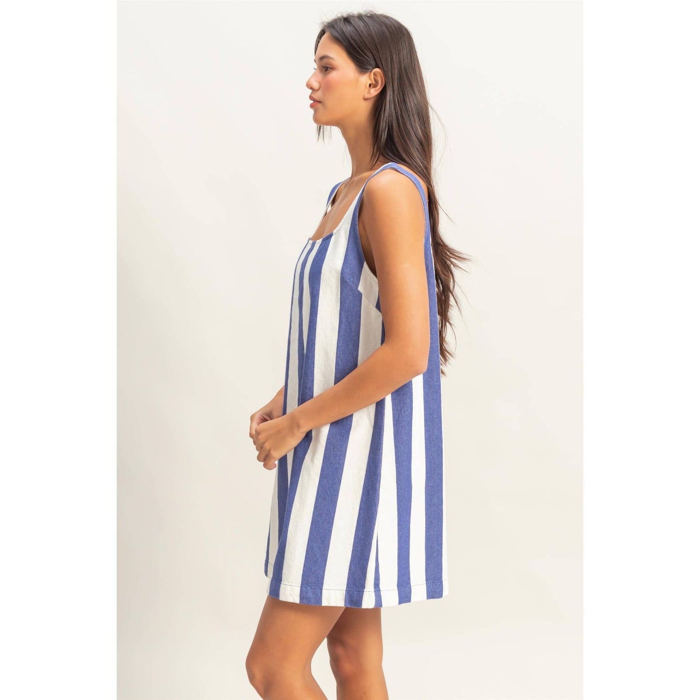 DZ25E182-Striped Square Neck Woven Mini Dress