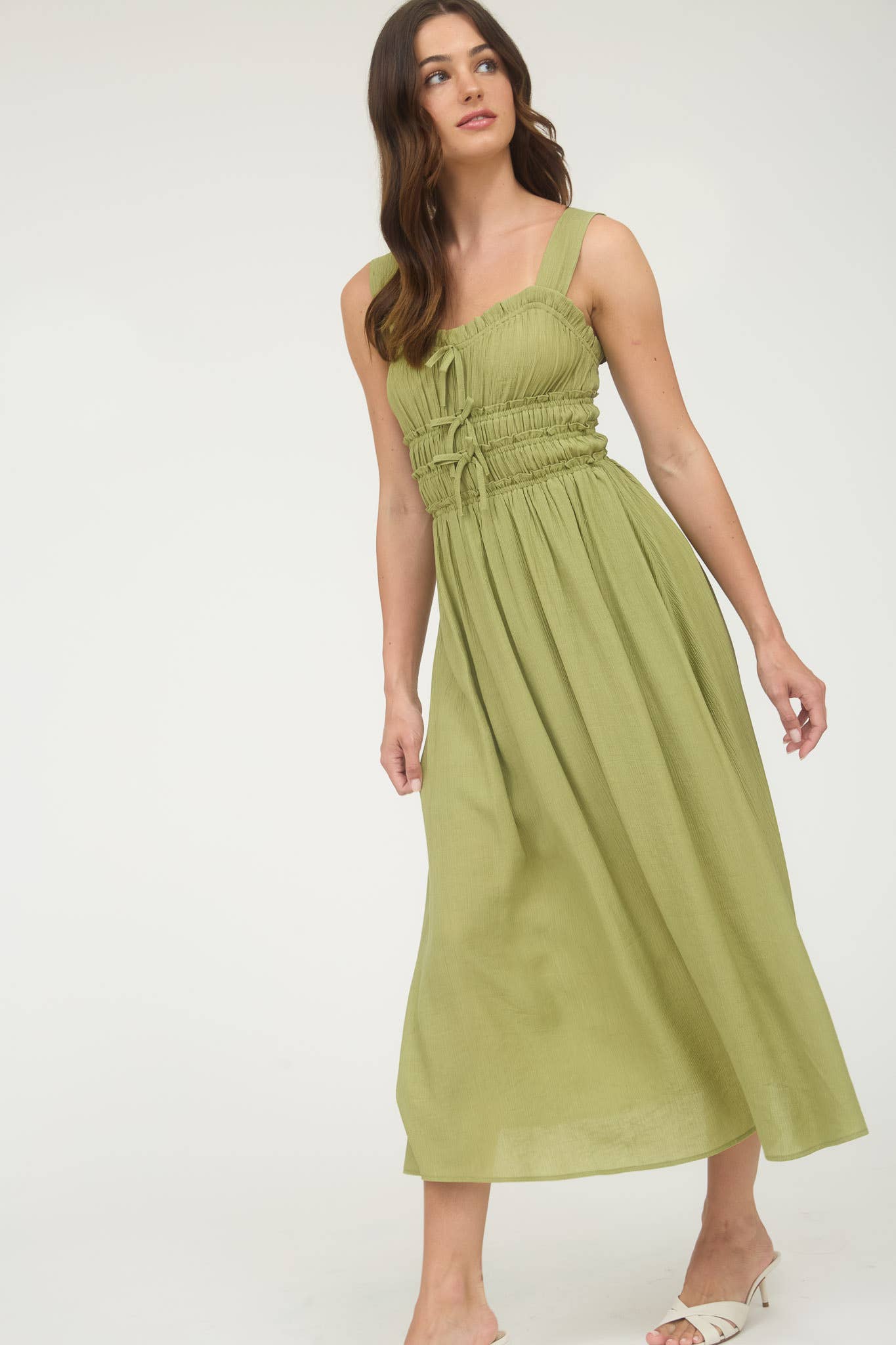 SHIRRED FRONT TIE DETAIL SLEEVELESS MIDI DRESS