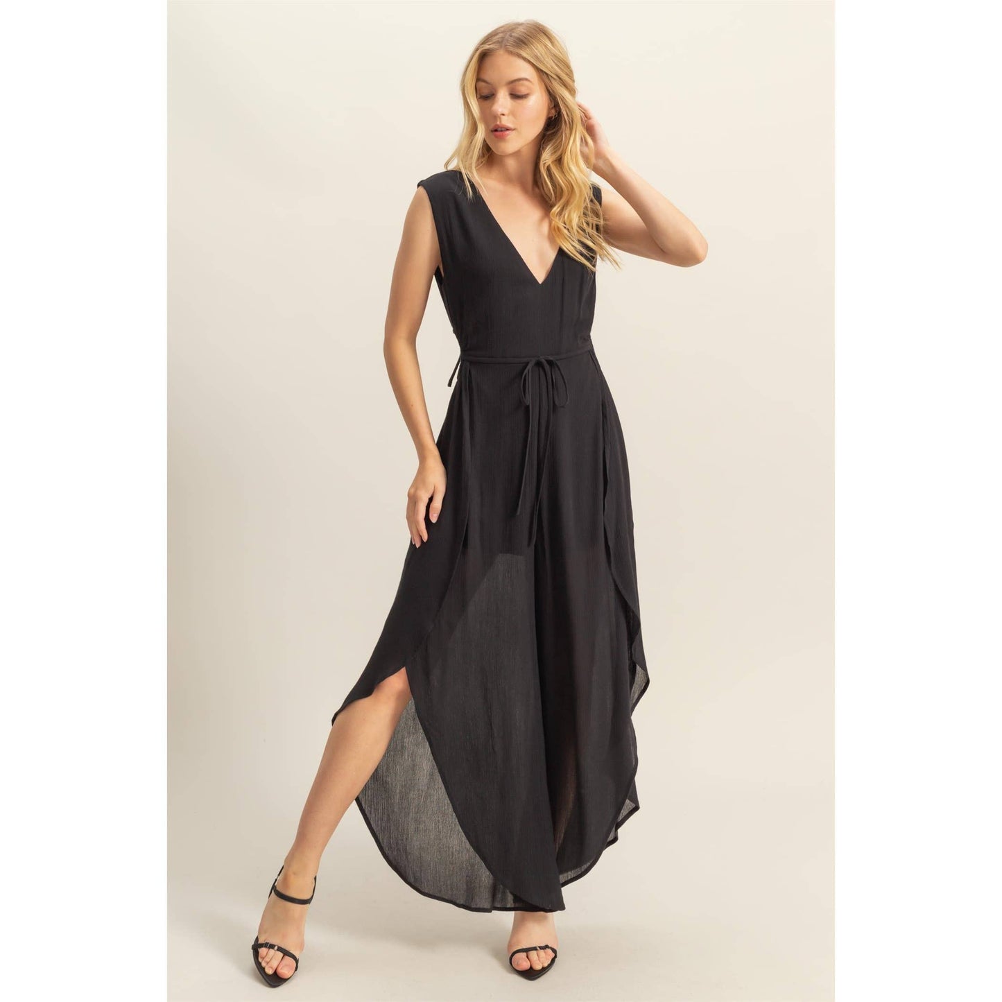 V-Neck Side Cutout Curved Hem Jumpsuit