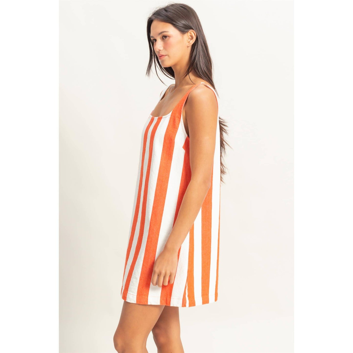 DZ25E182-Striped Square Neck Woven Mini Dress