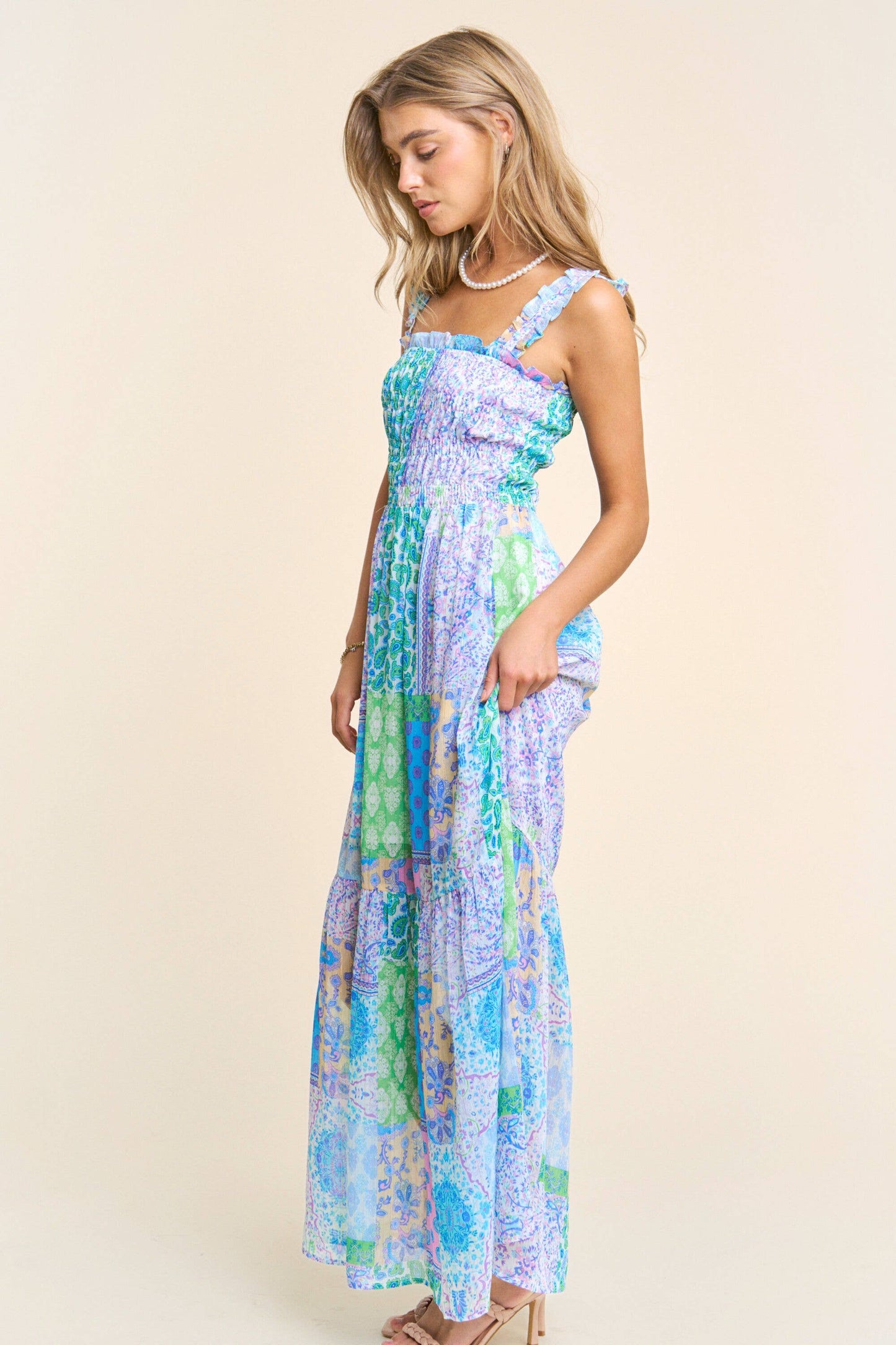 Smocked Top Patch-Work Maxi Dress