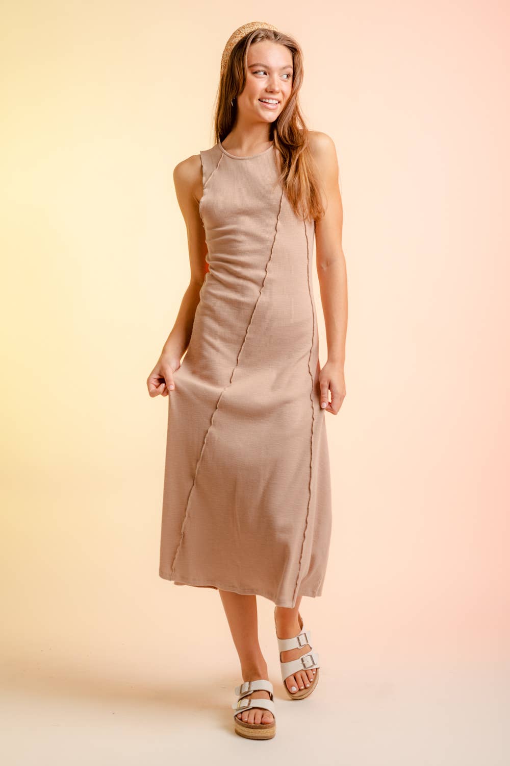 ND30236-Exposed Seam Rib Knit Maxi Dress