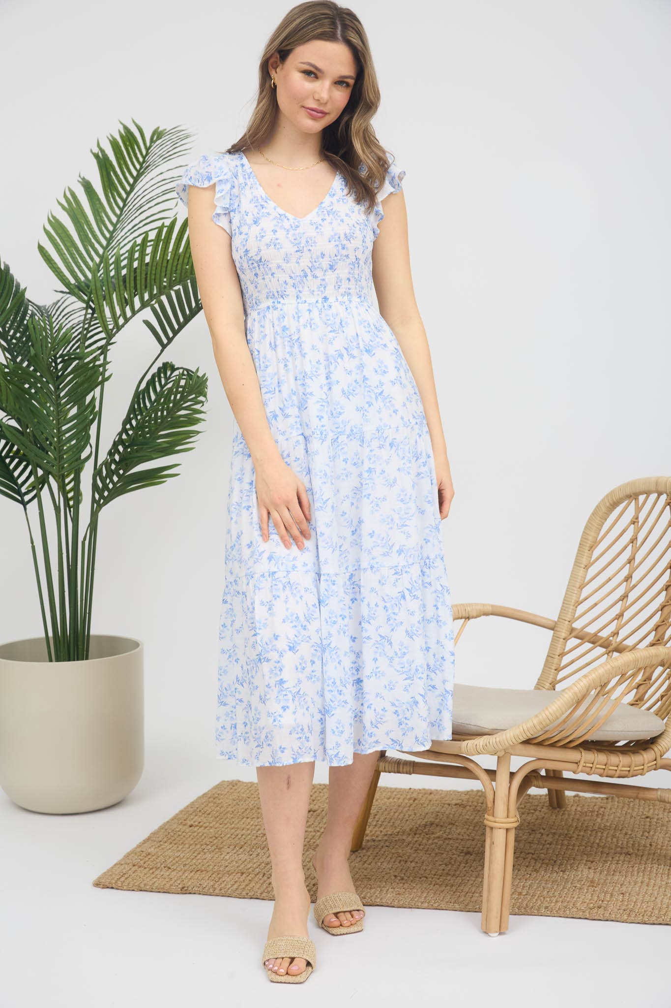 FLORAL V NECK SMOCKED SHORT SLEEVE MIDI DRESS