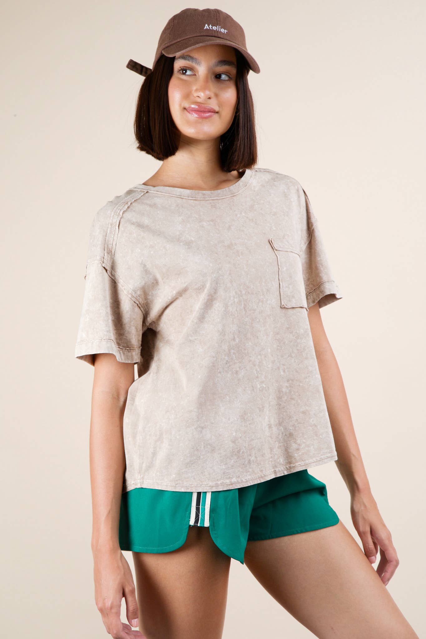Mineral Washed Knit Top with Pocket white