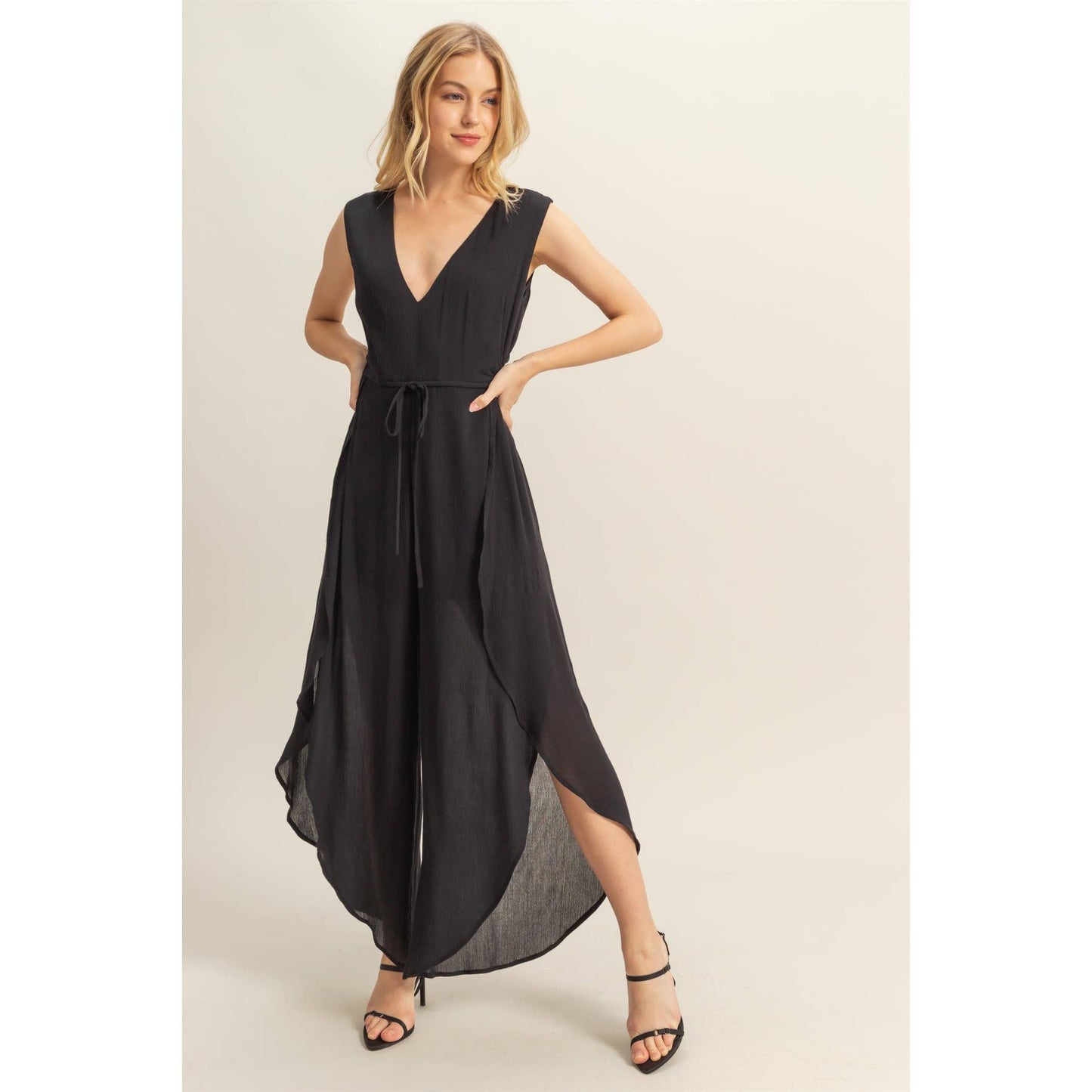 V-Neck Side Cutout Curved Hem Jumpsuit