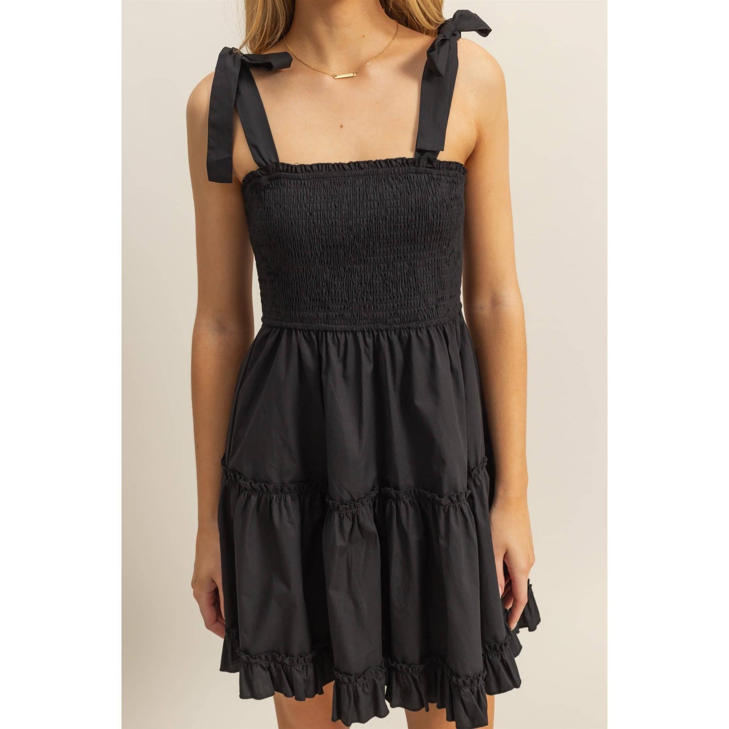 HF25C791-Poplin Self-Tie Straps Tiered Mini Dress