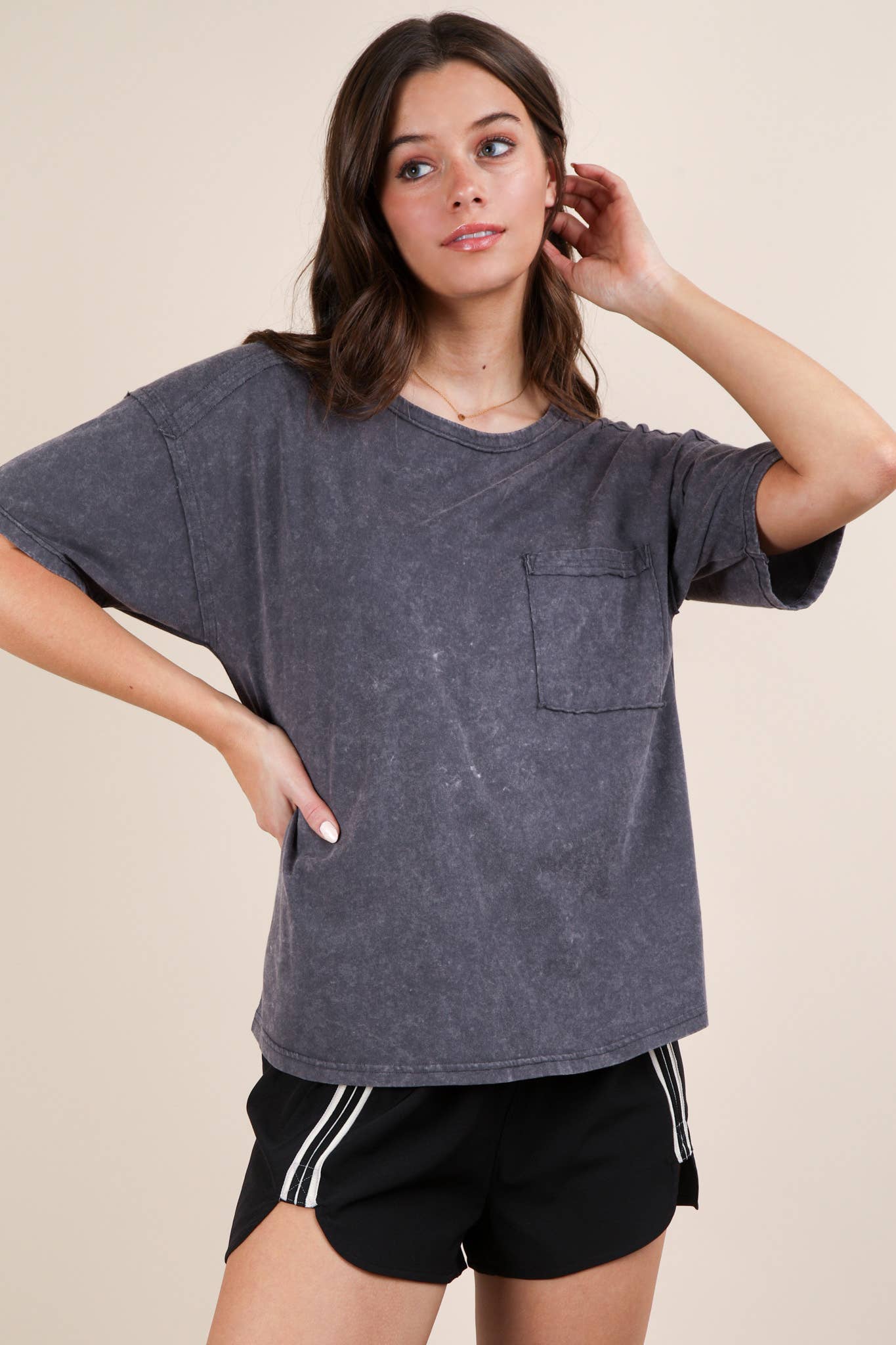 Mineral Washed Knit Top with Pocket white