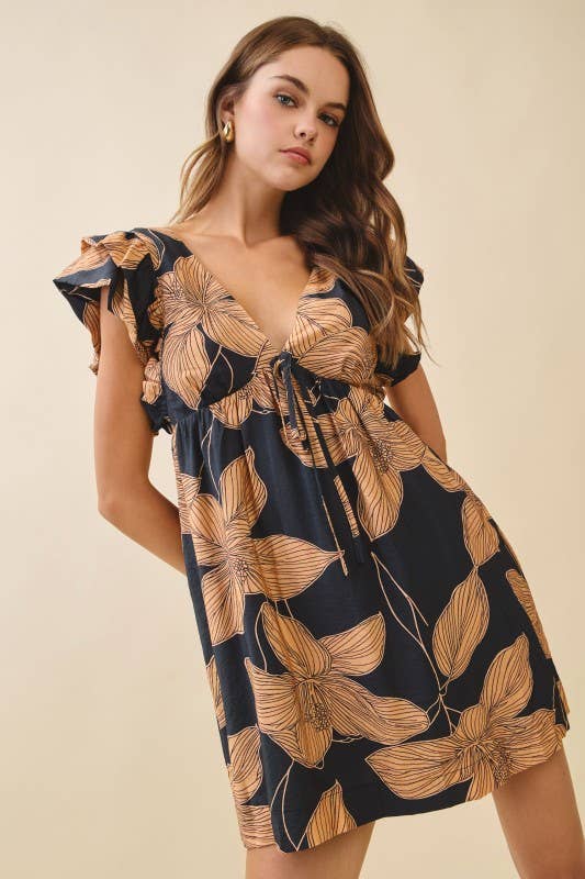 CD06103-Floral Print Plunging V Neck Empire Waist Dress