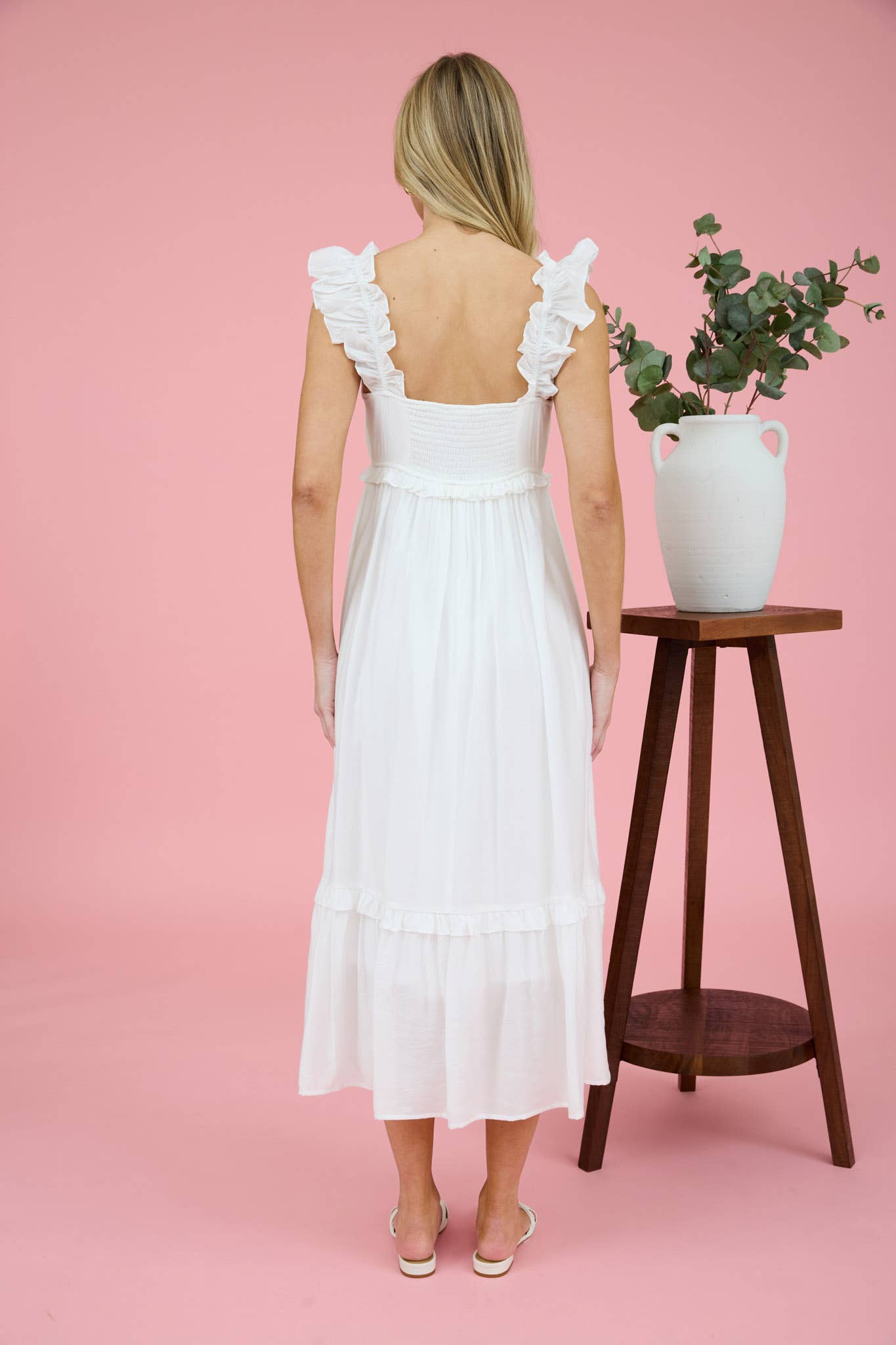 RUFFLE DETAIL EMPIRE WAIST SLEEVELESS MIDI DRESS