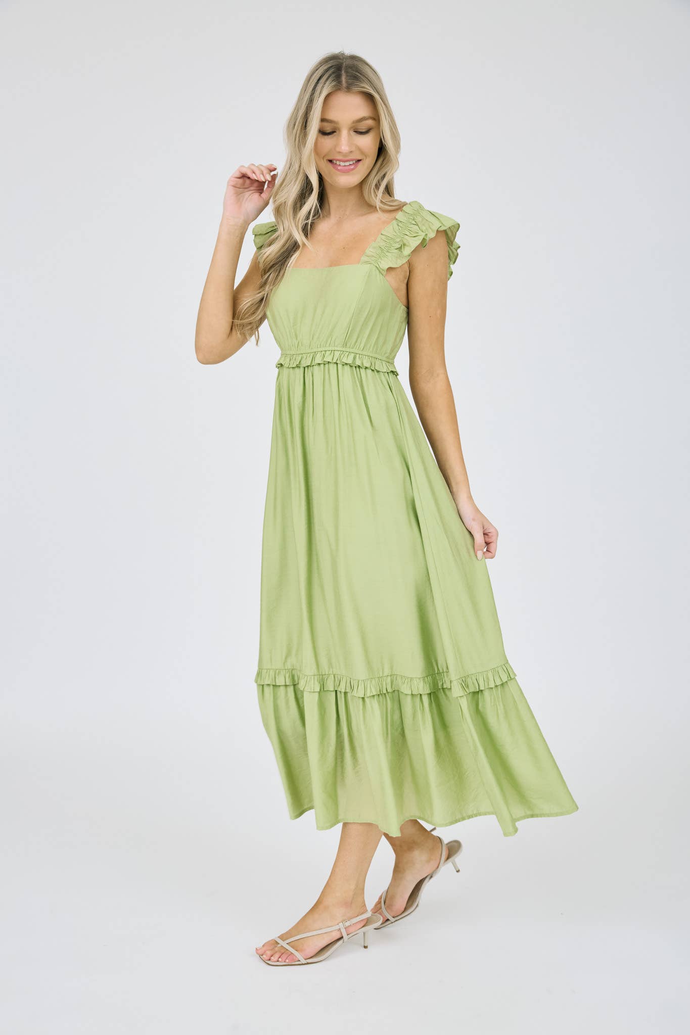 RUFFLE DETAIL EMPIRE WAIST SLEEVELESS MIDI DRESS