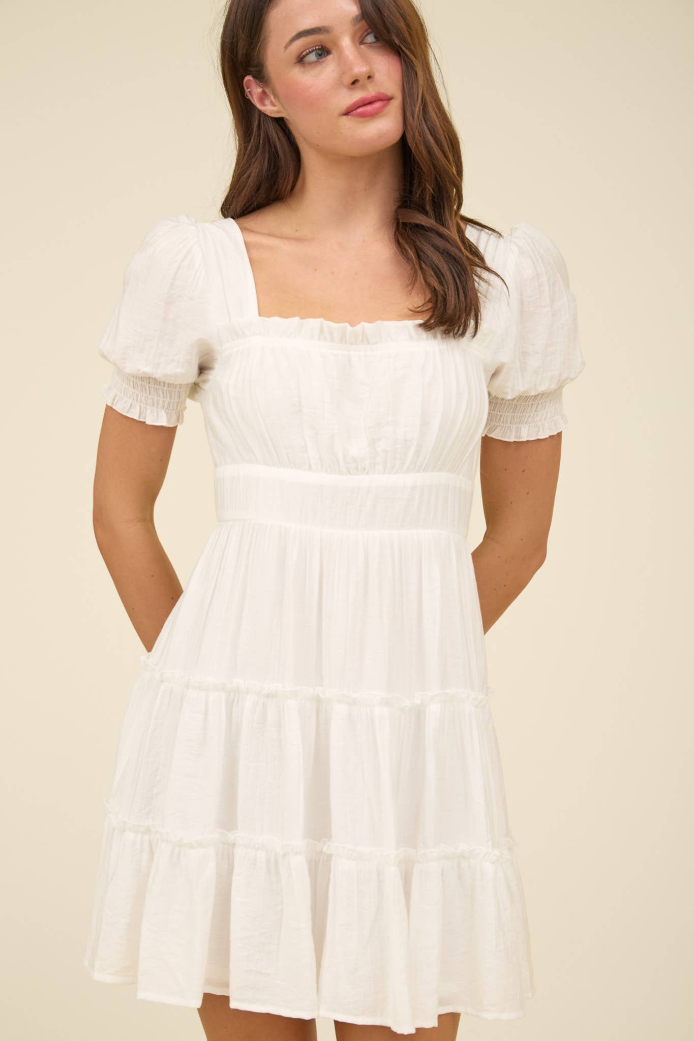 SQUARE NECK SMOCKED DETAIL TIERED MINI DRESS