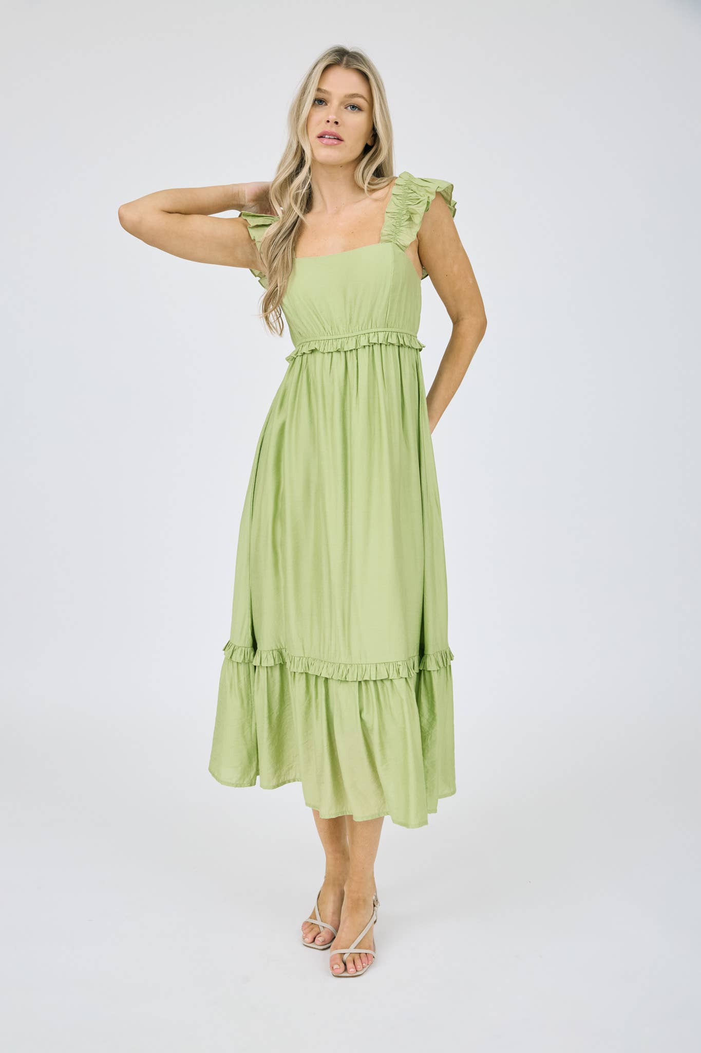 RUFFLE DETAIL EMPIRE WAIST SLEEVELESS MIDI DRESS
