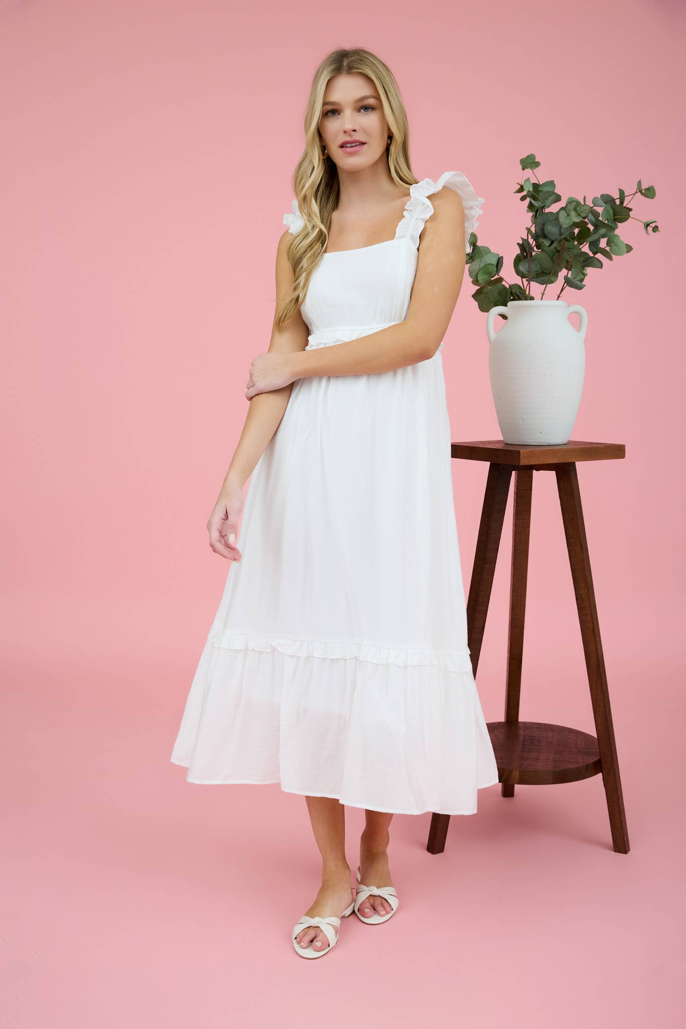 RUFFLE DETAIL EMPIRE WAIST SLEEVELESS MIDI DRESS