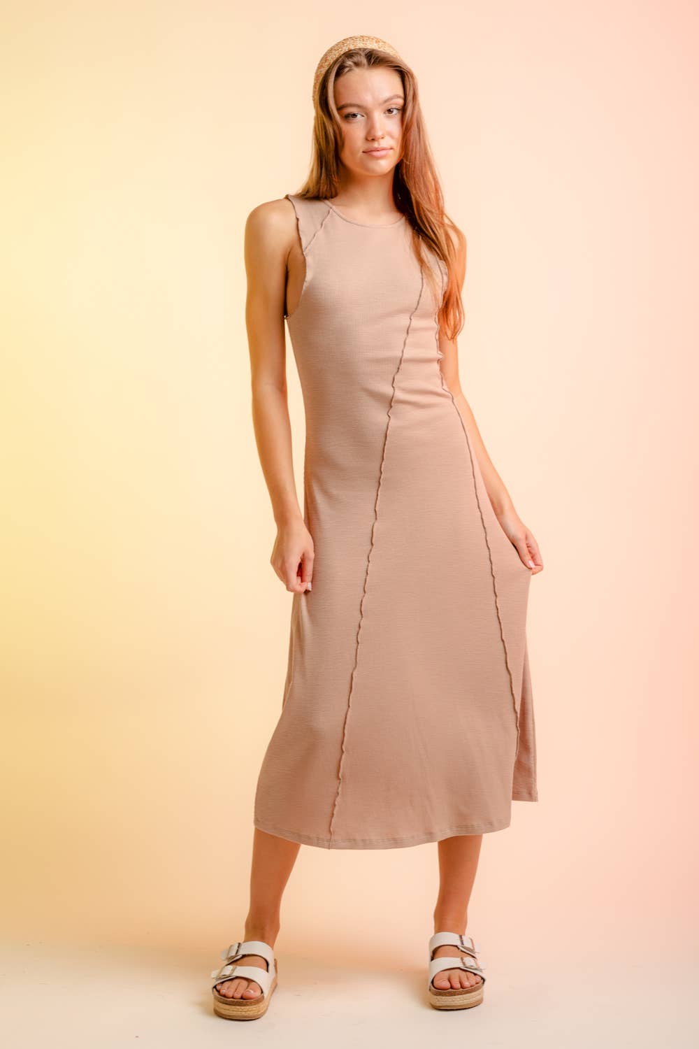 ND30236-Exposed Seam Rib Knit Maxi Dress