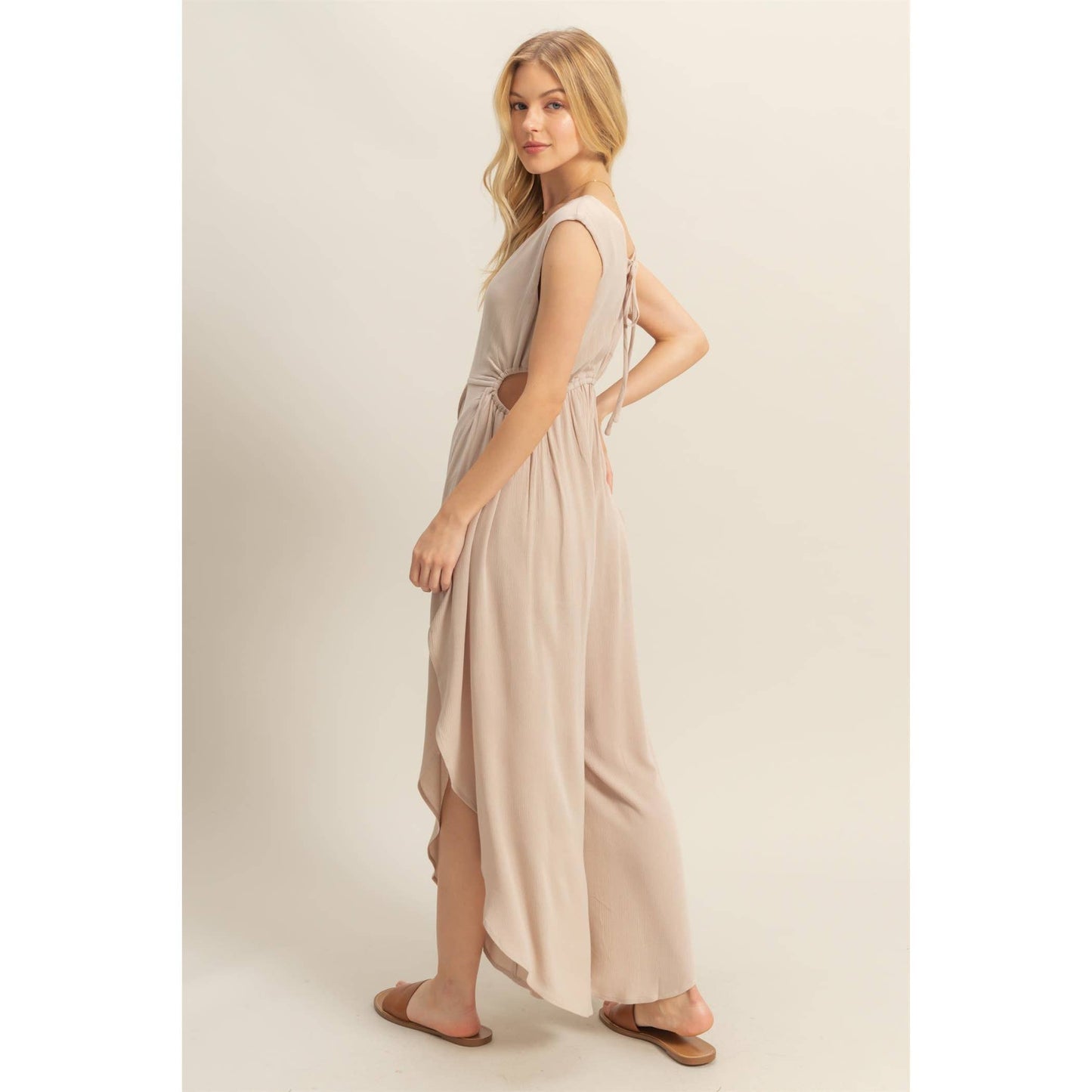 V-Neck Side Cutout Curved Hem Jumpsuit