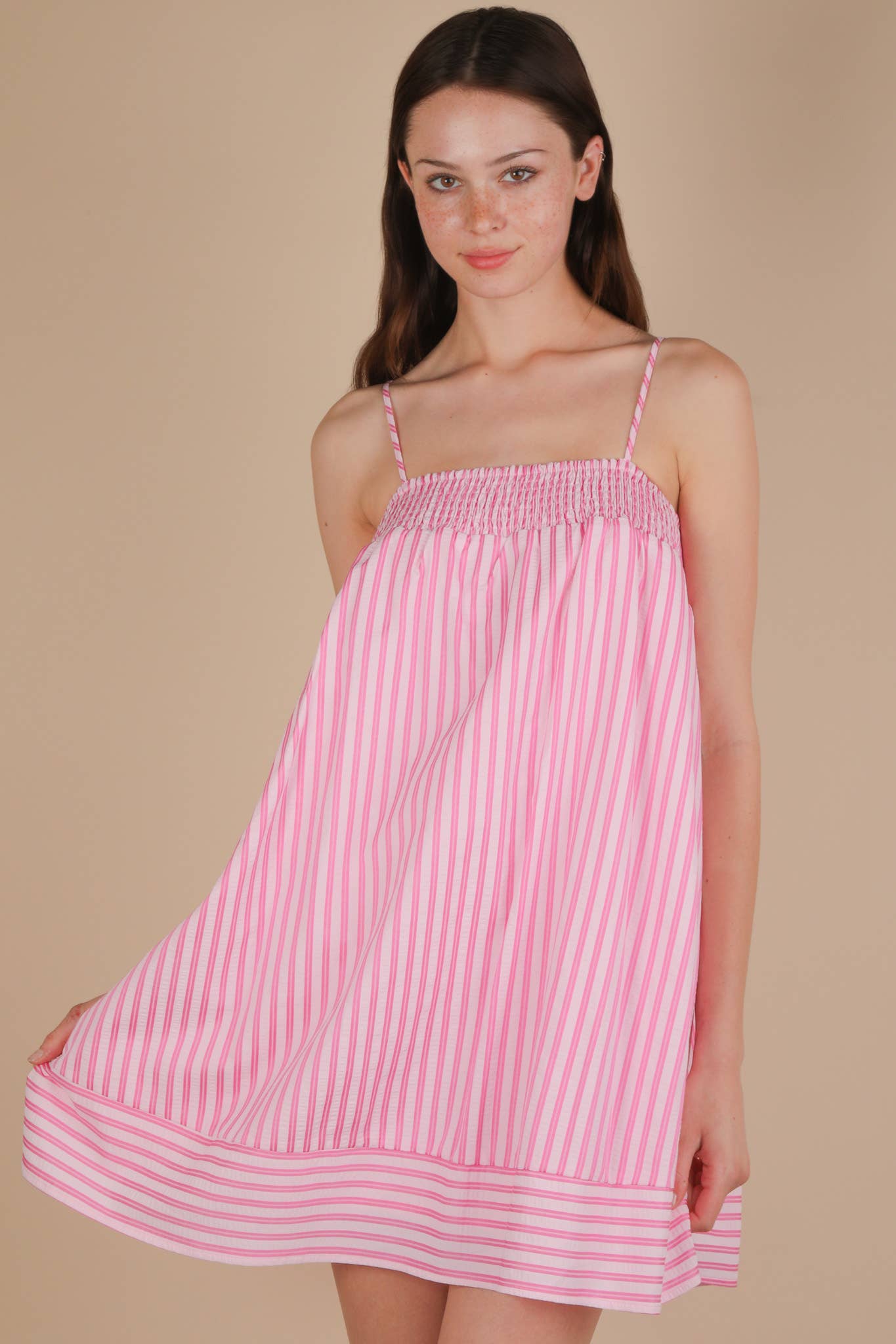 ND31758-Smocking Detail Stripe Woven Mini Sundress