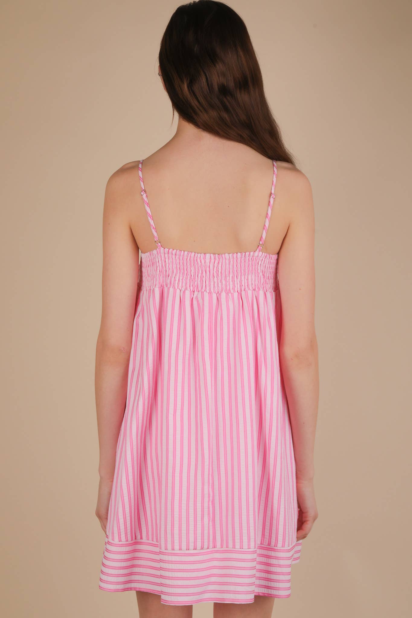 ND31758-Smocking Detail Stripe Woven Mini Sundress