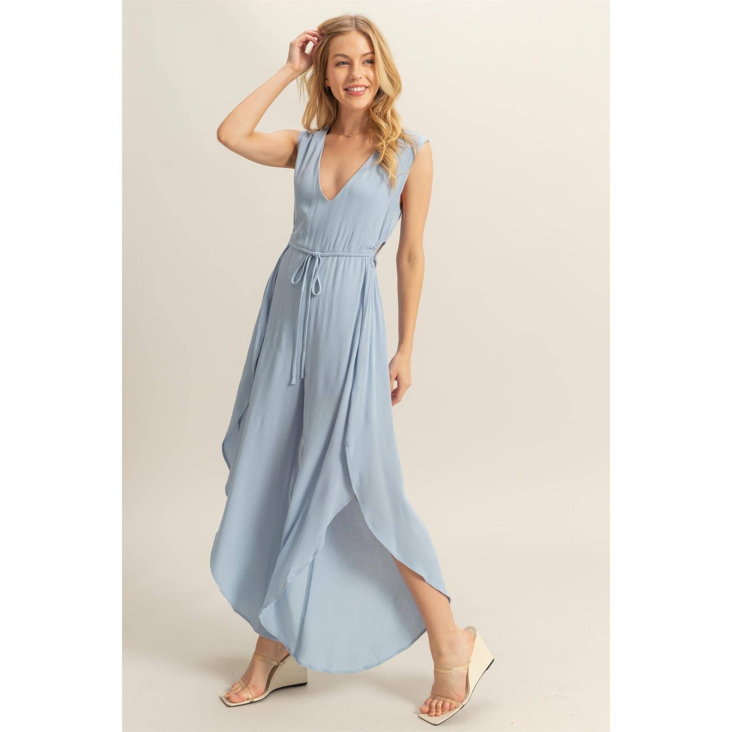 V-Neck Side Cutout Curved Hem Jumpsuit