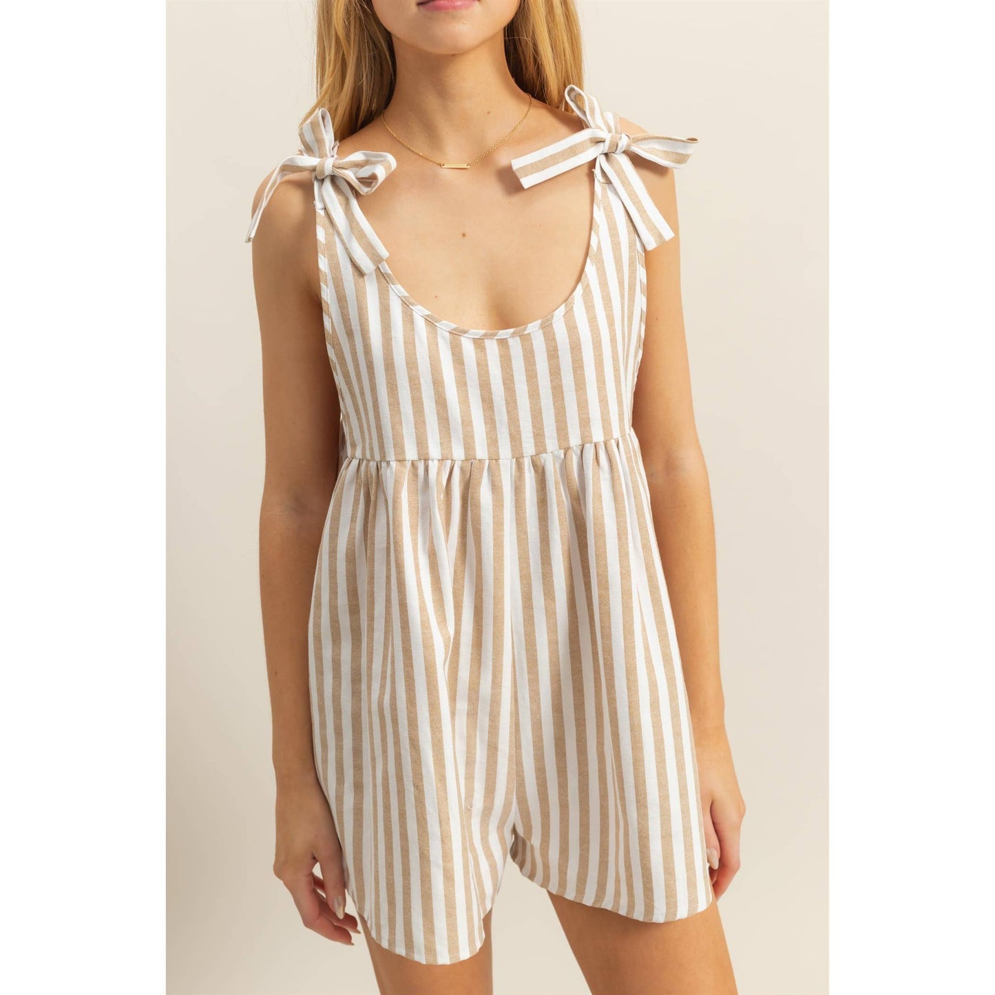 HF25E269-Striped Bow Accent Shoulders Relaxed Fit Romper
