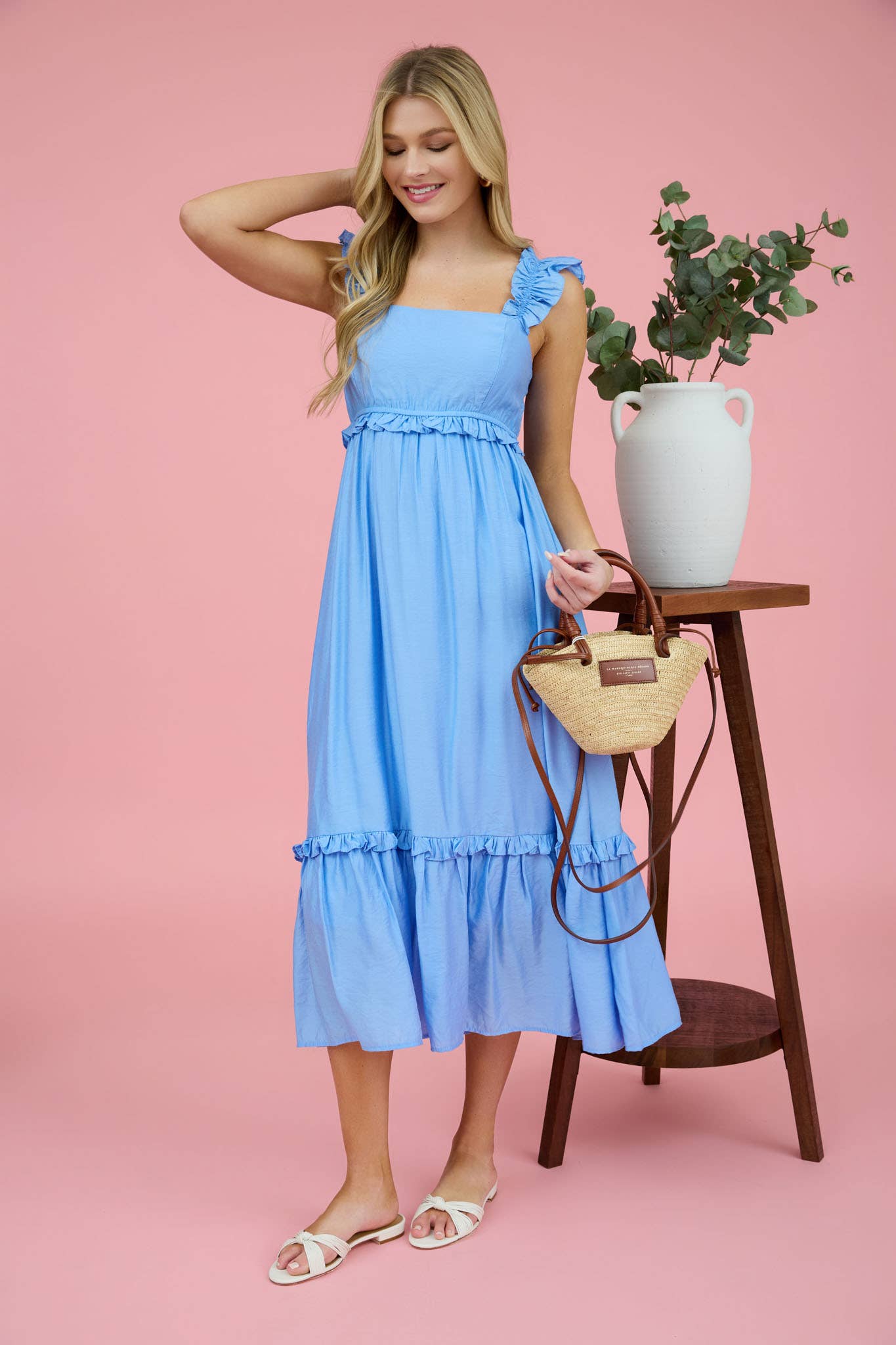 RUFFLE DETAIL EMPIRE WAIST SLEEVELESS MIDI DRESS